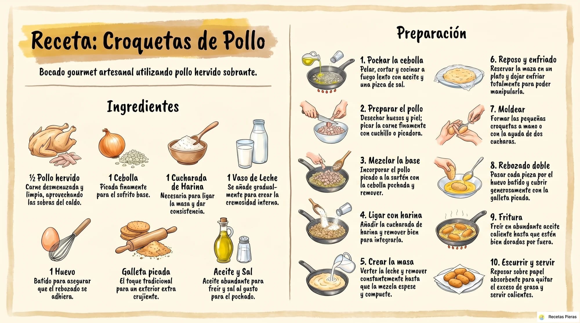 Infografía con los ingredientes y la preparación de Croquetas de pollo