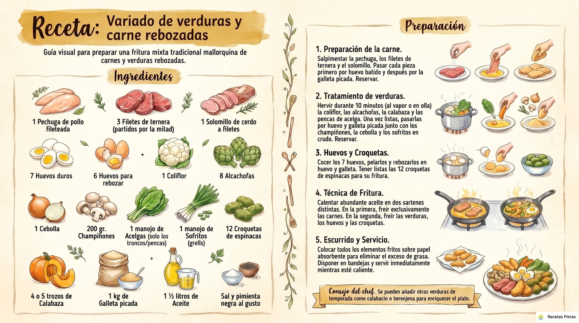 Infografía con los ingredientes y la preparación de Variado de verduras y carne rebozadas