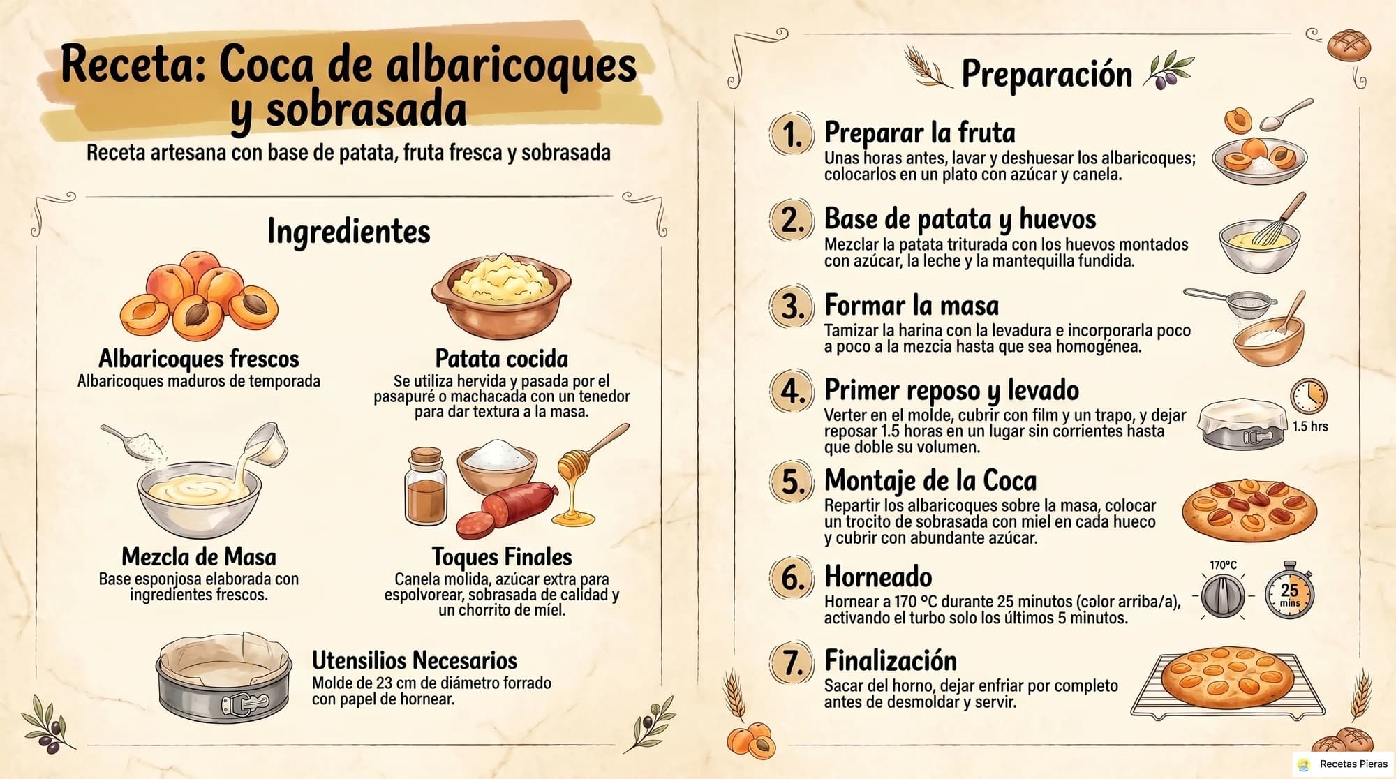 Infografía con los ingredientes y la preparación de Coca de albaricoques y sobrasada