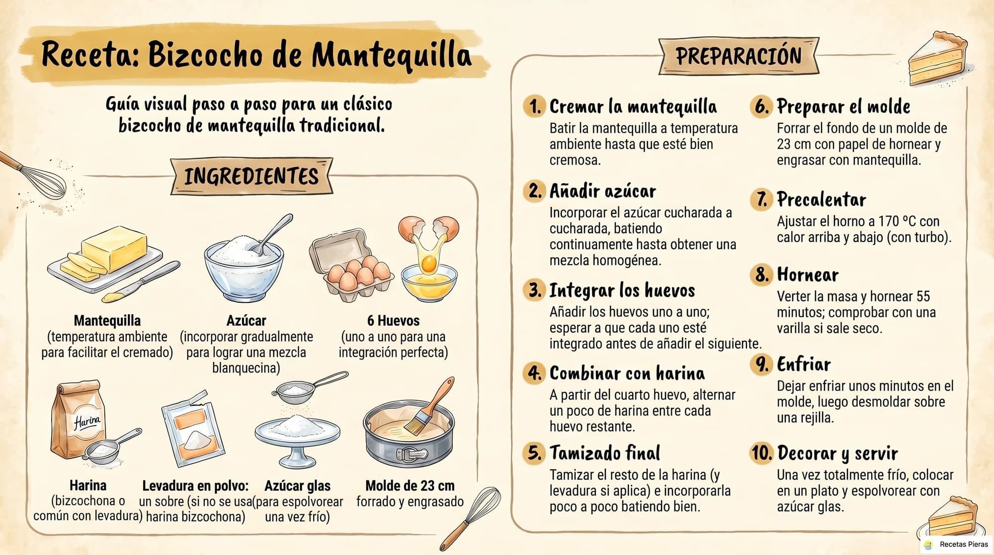 Infografía con los ingredientes y la preparación de Bizcocho de mantequilla