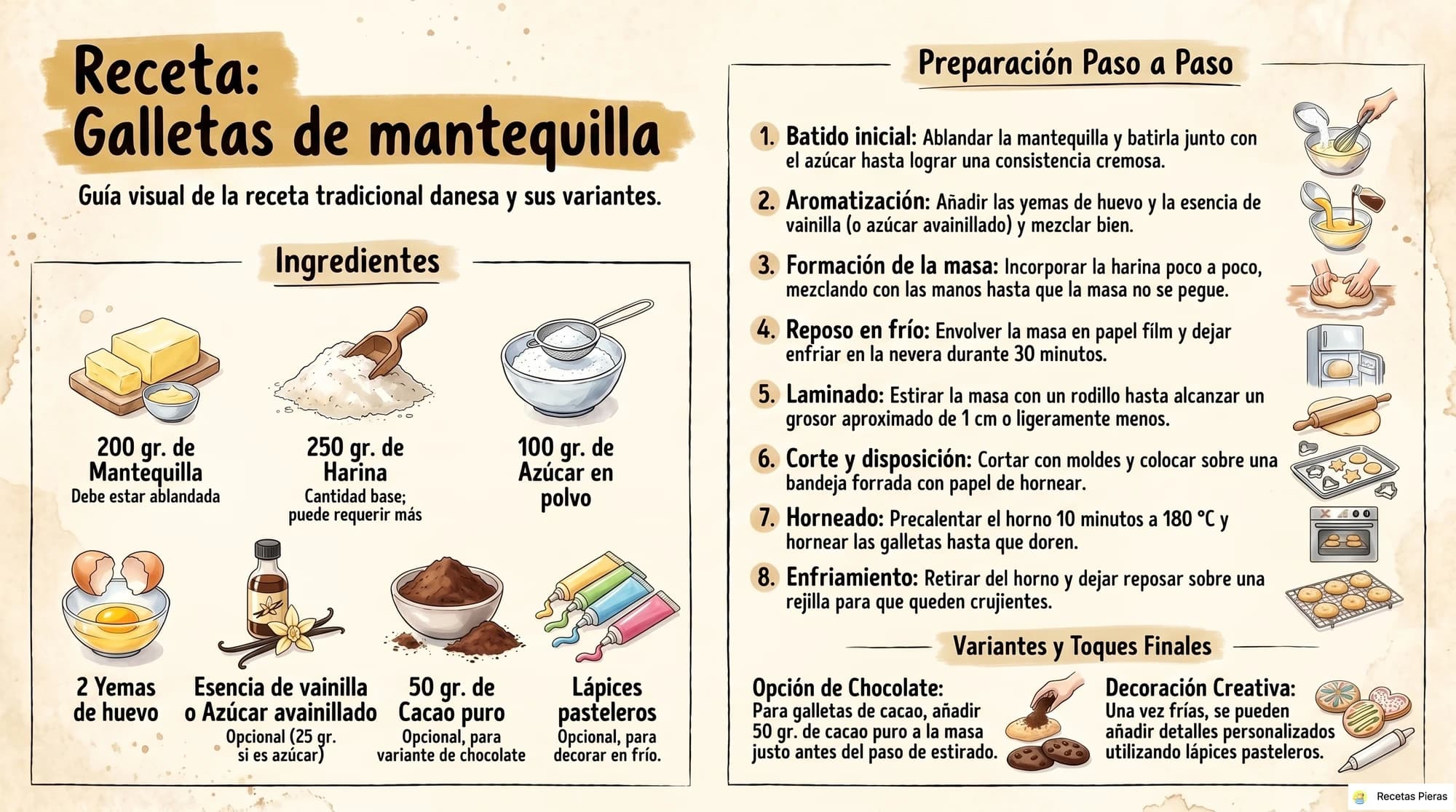 Infografía con los ingredientes y la preparación de Galletas de mantequilla