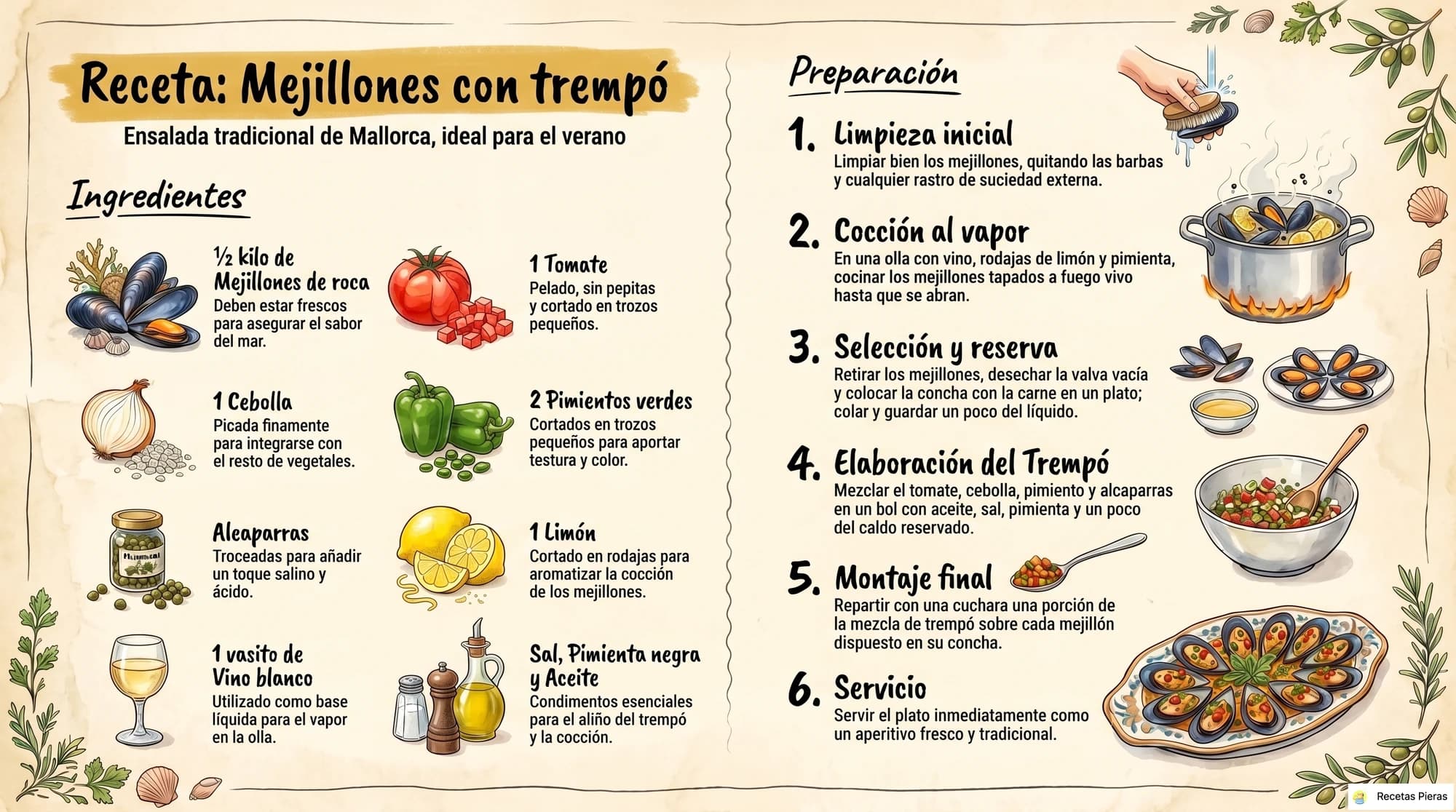 Infografía con los ingredientes y la preparación de Mejillones con trempó