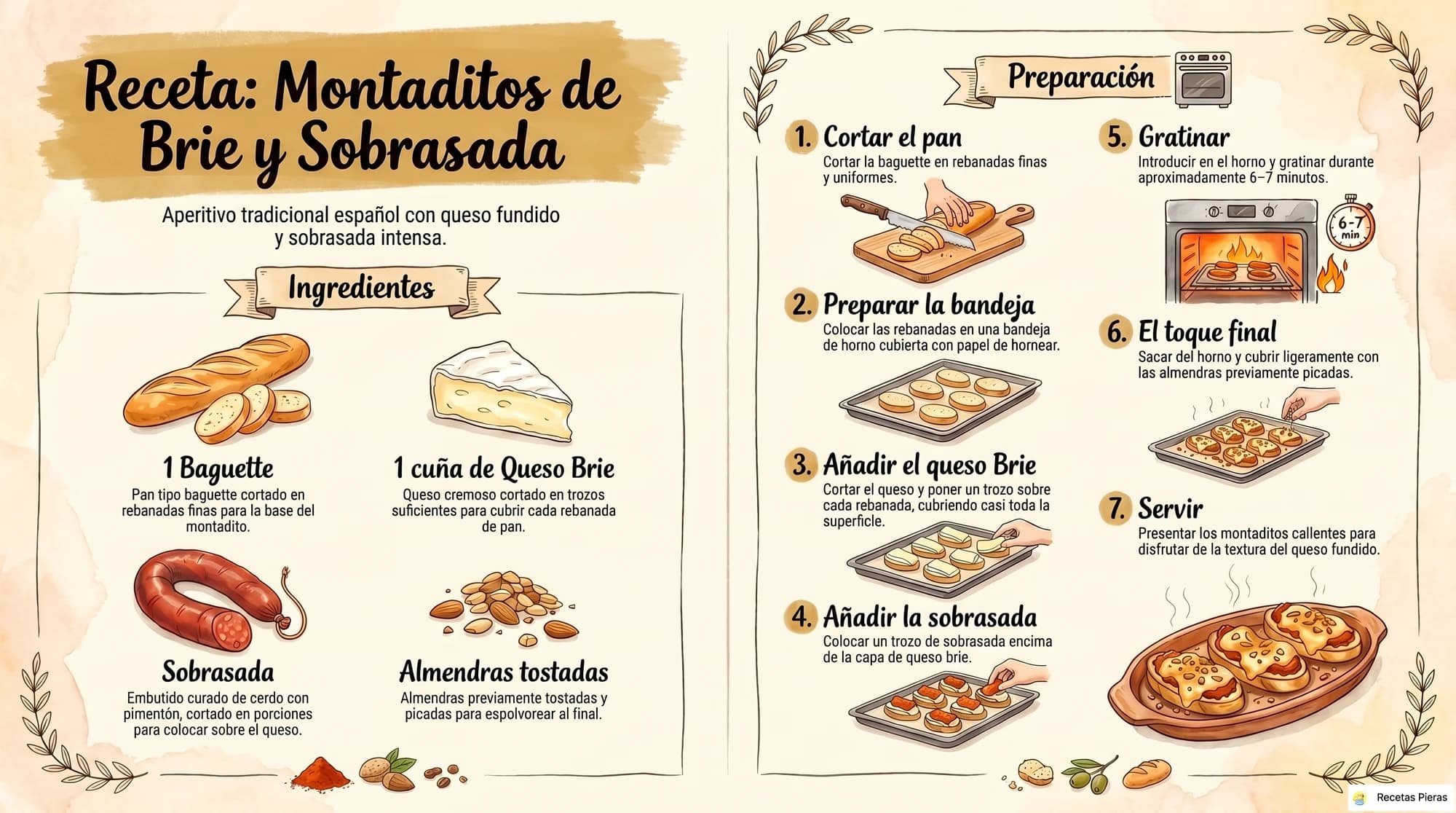 Infografía con los ingredientes y la preparación de Montaditos de brie y sobrasada