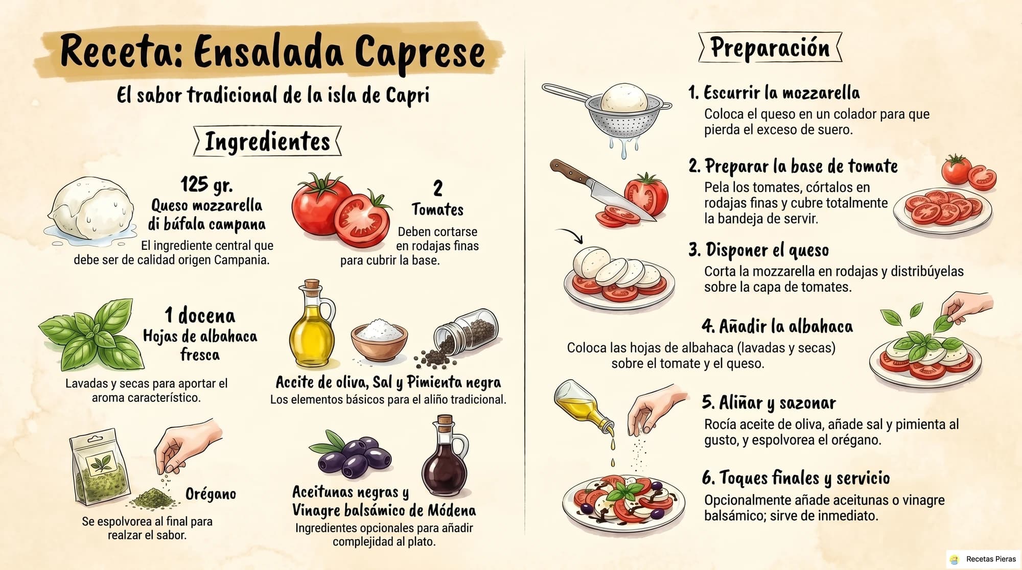 Infografía con los ingredientes y la preparación de Ensalada caprese