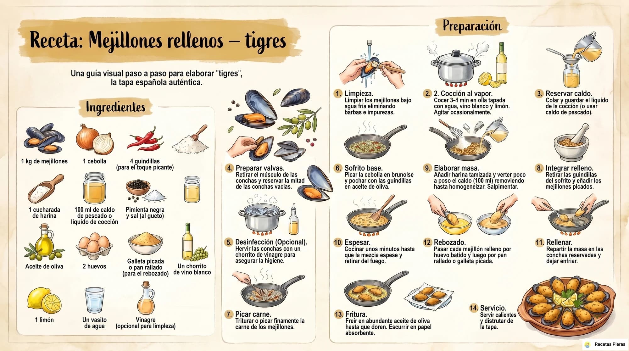 Infografía con los ingredientes y la preparación de Mejillones rellenos – tigres