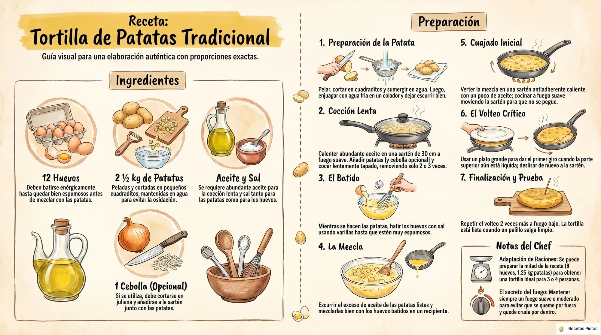 Infografía con los ingredientes y la preparación de Tortilla de patatas