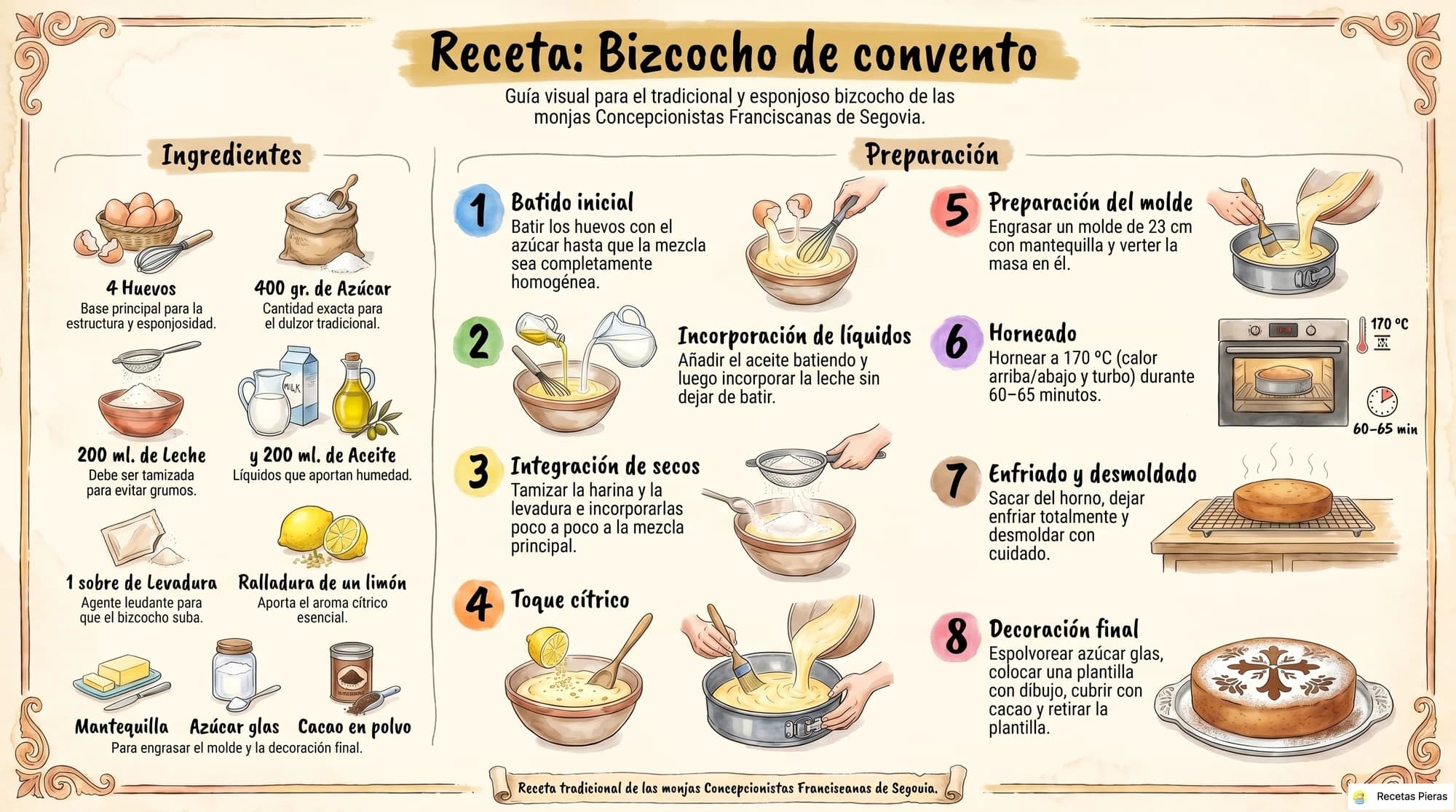 Infografía con los ingredientes y la preparación de Bizcocho de convento