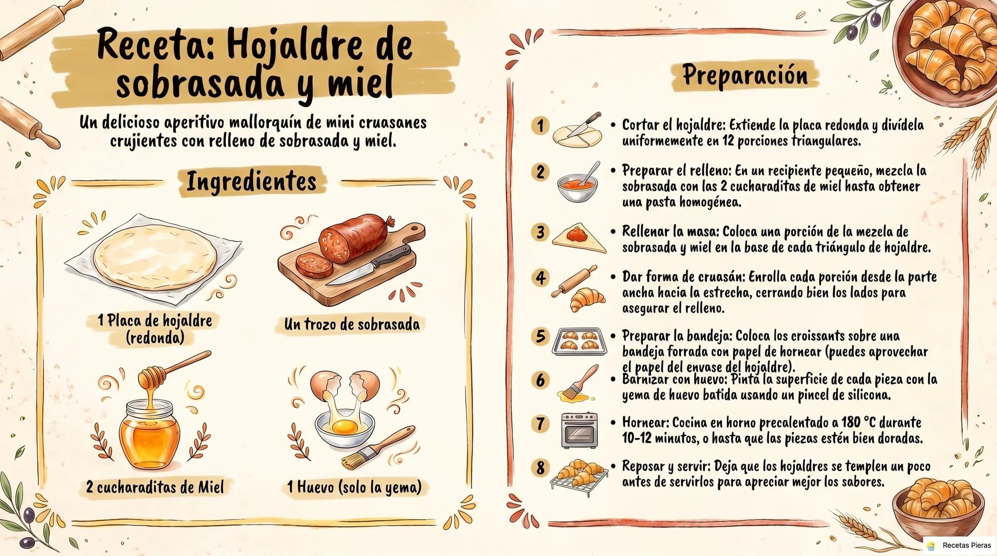Infografía con los ingredientes y la preparación de Hojaldre de sobrasada y miel