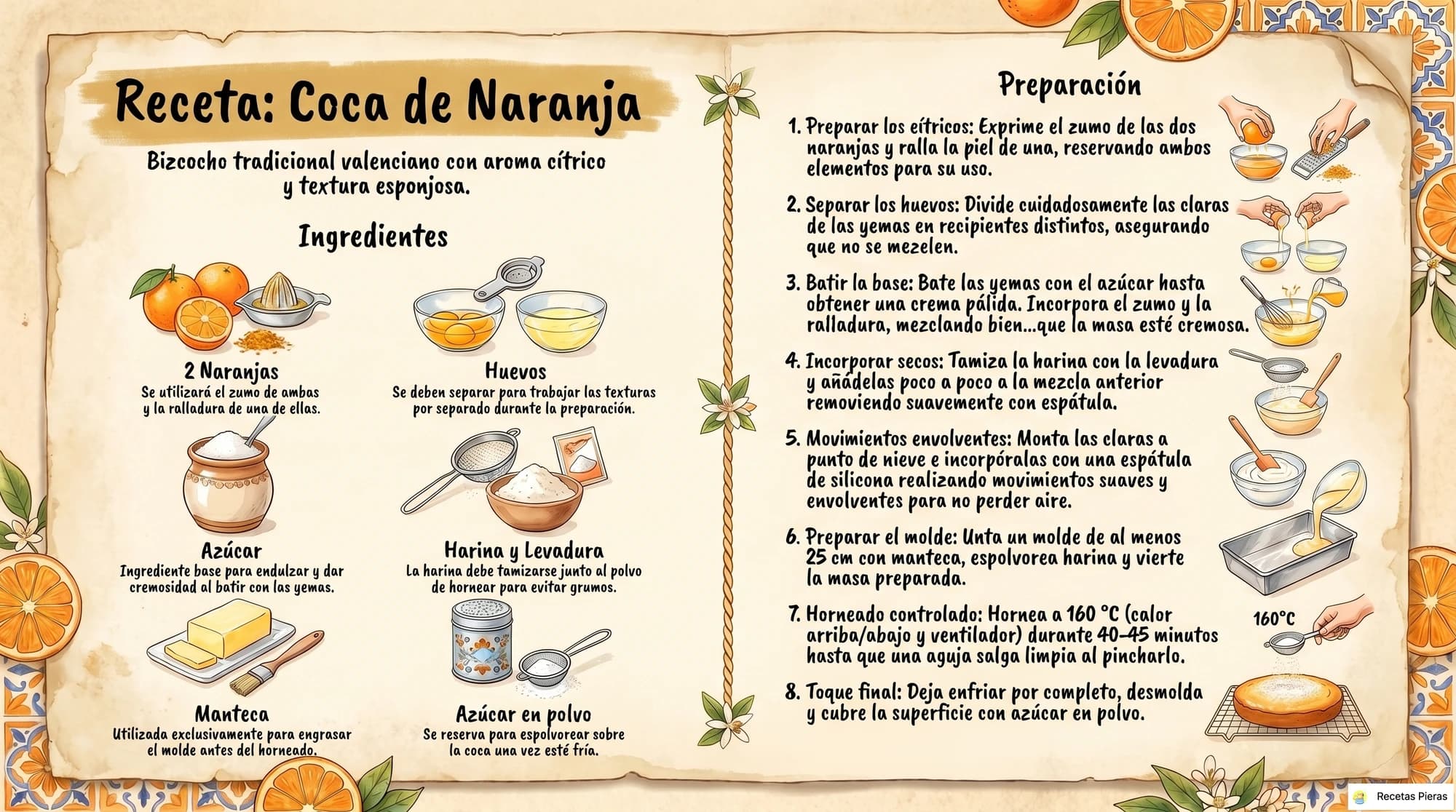 Infografía con los ingredientes y la preparación de Coca de naranja (ii)