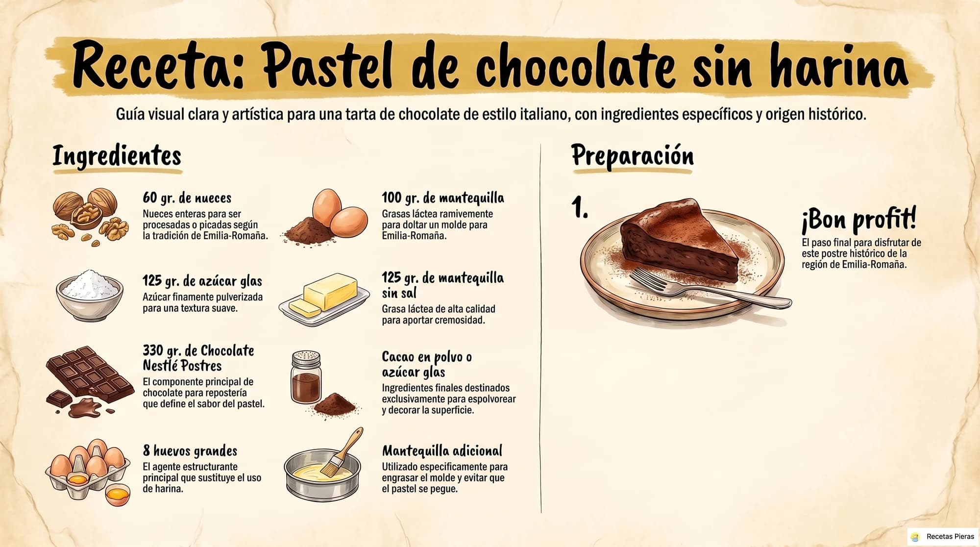Infografía con los ingredientes y la preparación de Flourless chocolate cake