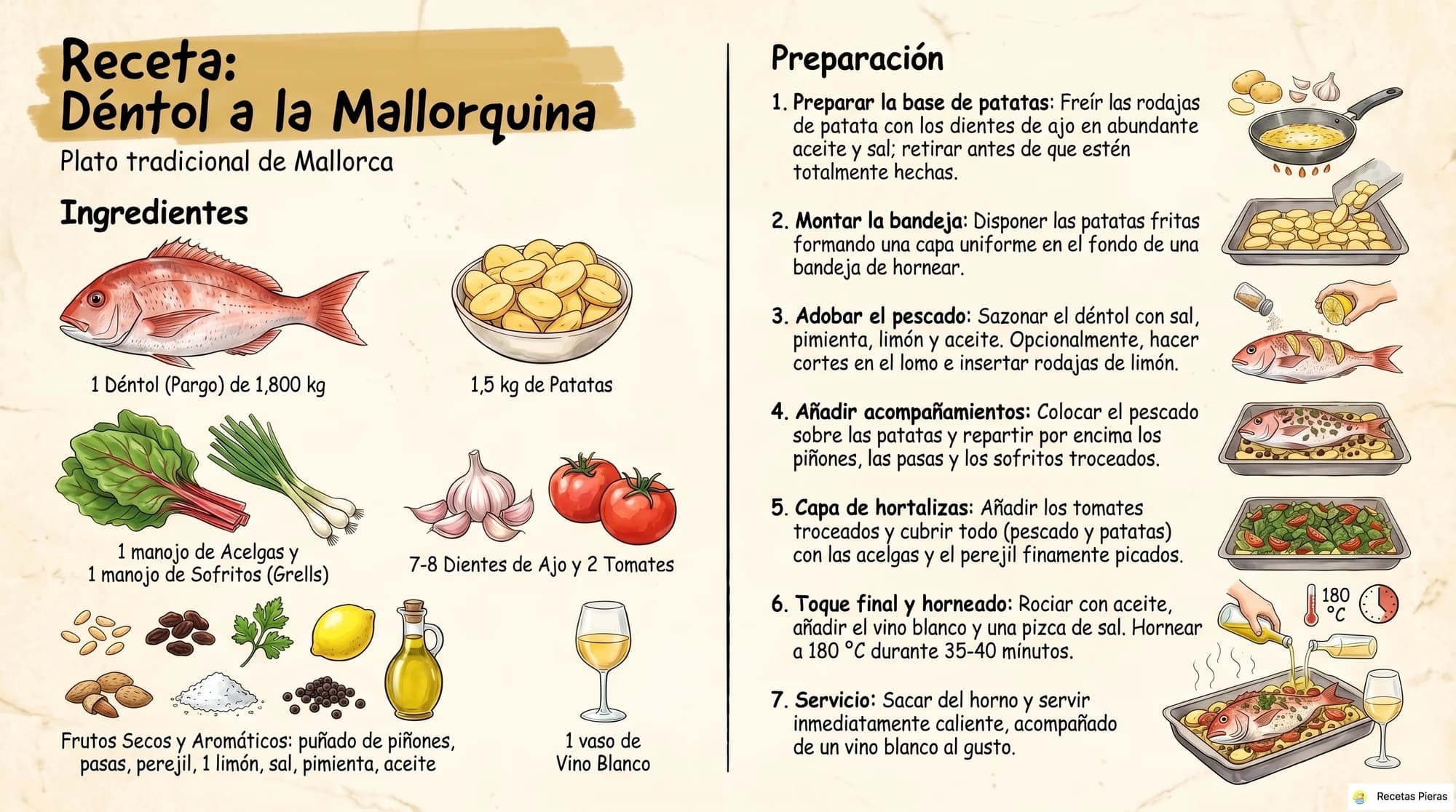 Infografía con los ingredientes y la preparación de Déntol a la mallorquina