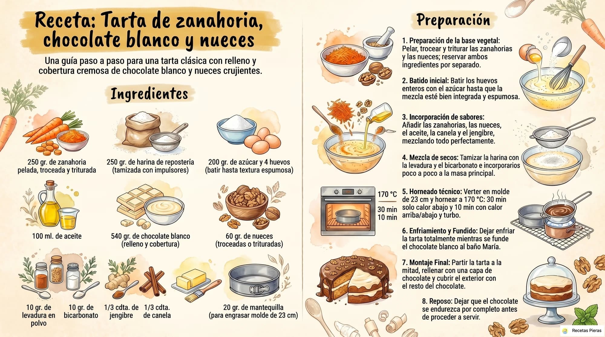 Infografía con los ingredientes y la preparación de Tarta de zanahoria, chocolate blanco y nueces