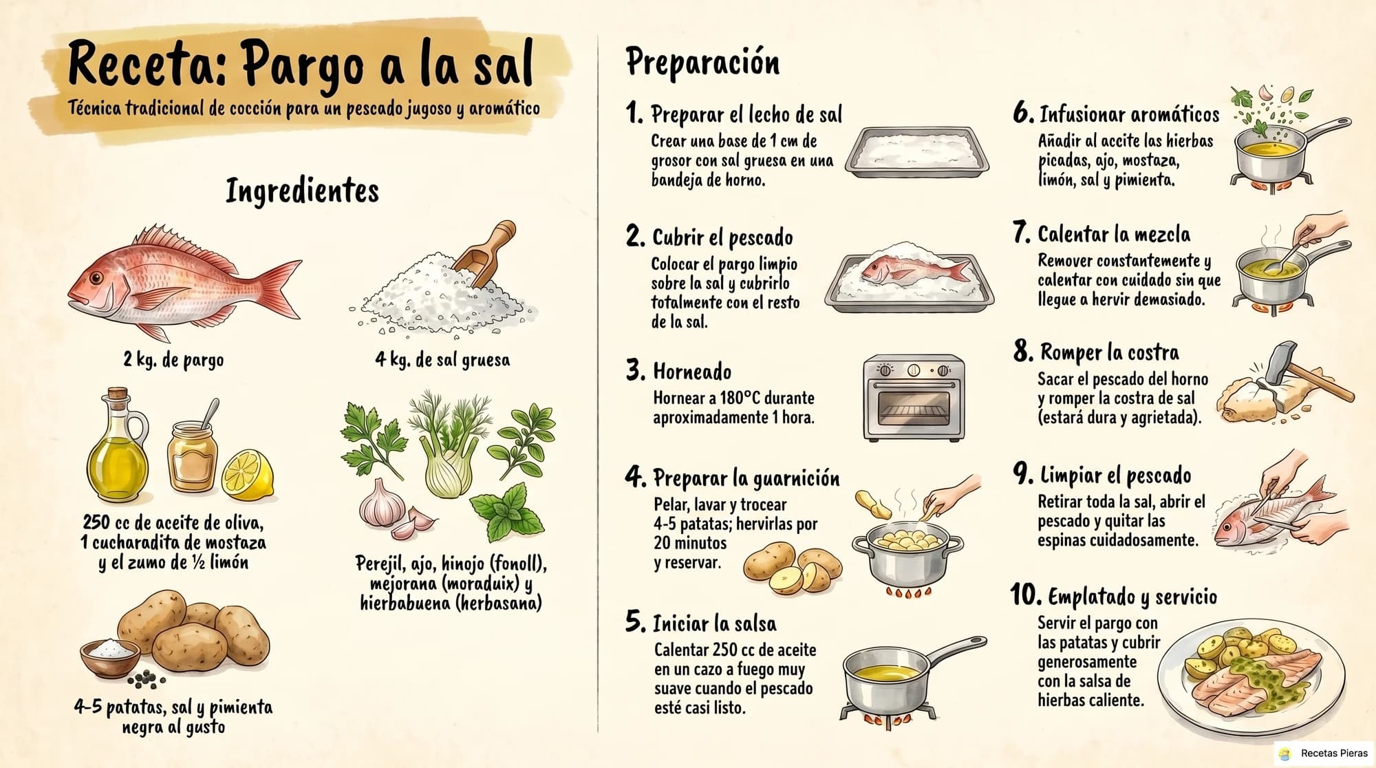 Infografía con los ingredientes y la preparación de Pargo a la sal
