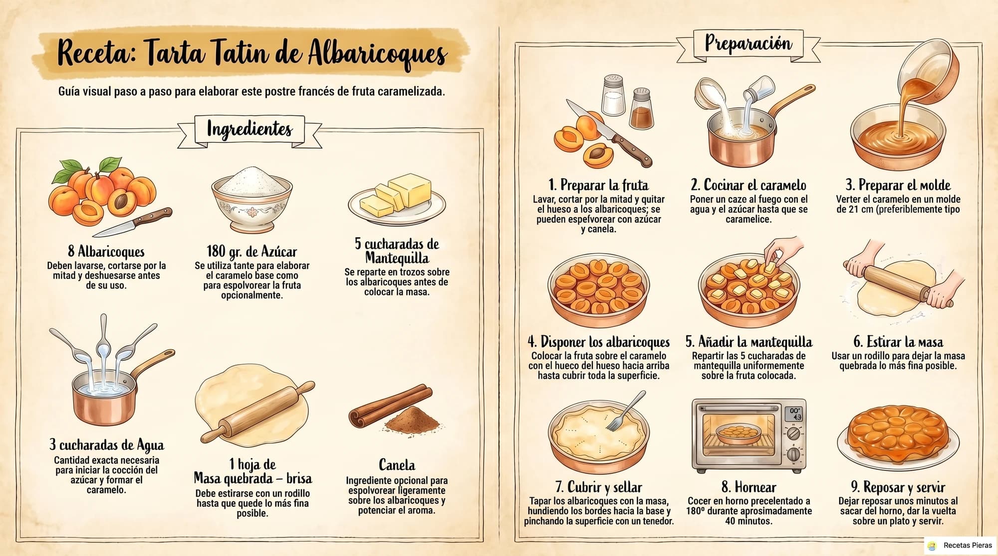 Infografía con los ingredientes y la preparación de Tarta tatin de albaricoques