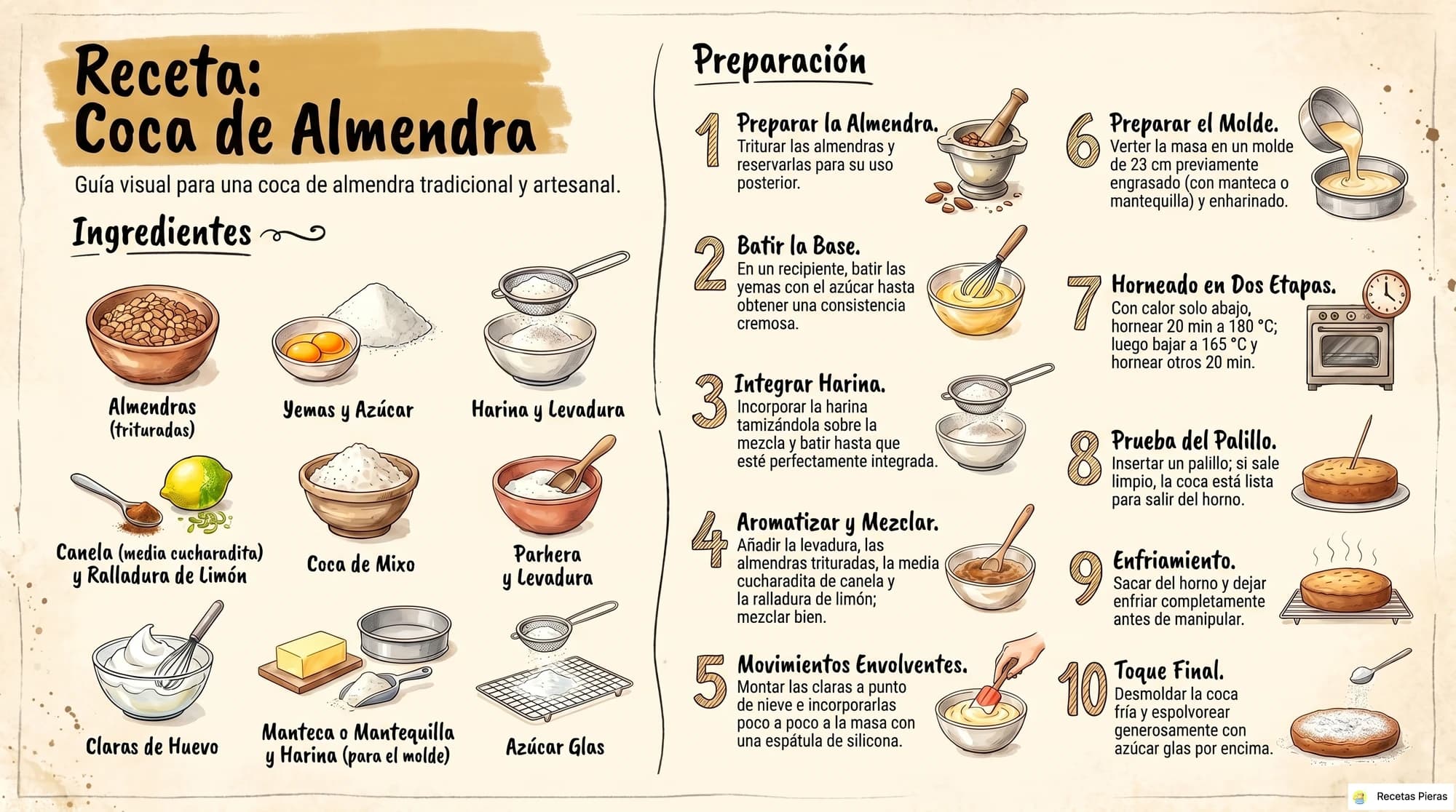 Infografía con los ingredientes y la preparación de Coca de almendra
