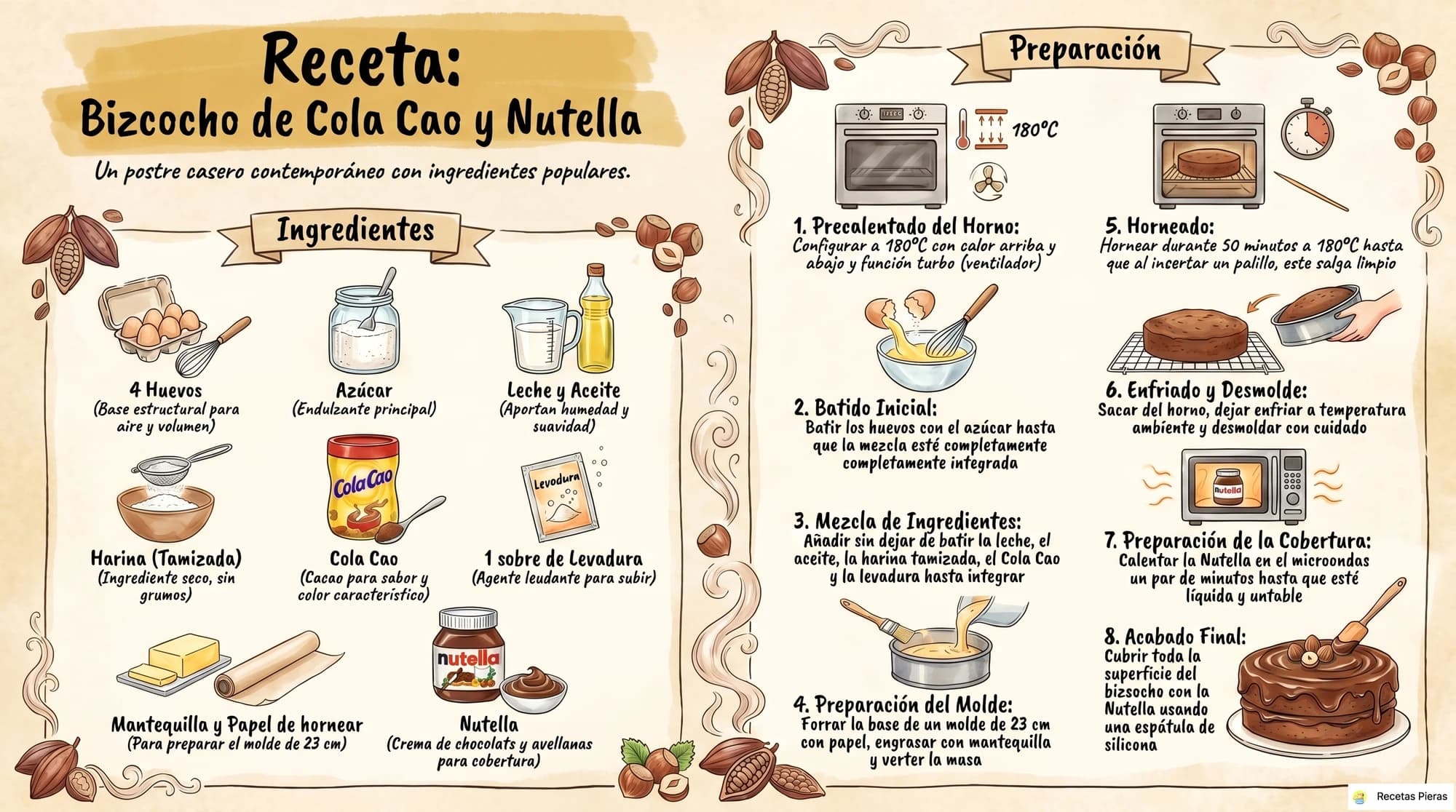 Infografía con los ingredientes y la preparación de Bizcocho de cola cao y nutella