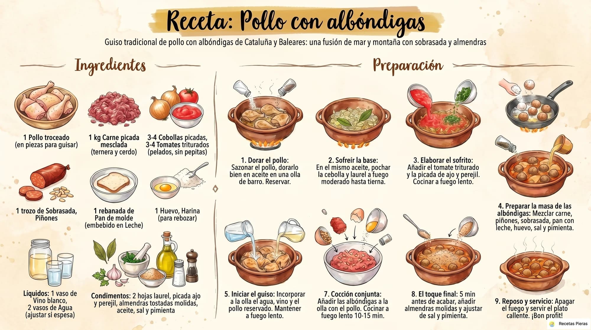 Infografía con los ingredientes y la preparación de Pollo con albóndigas