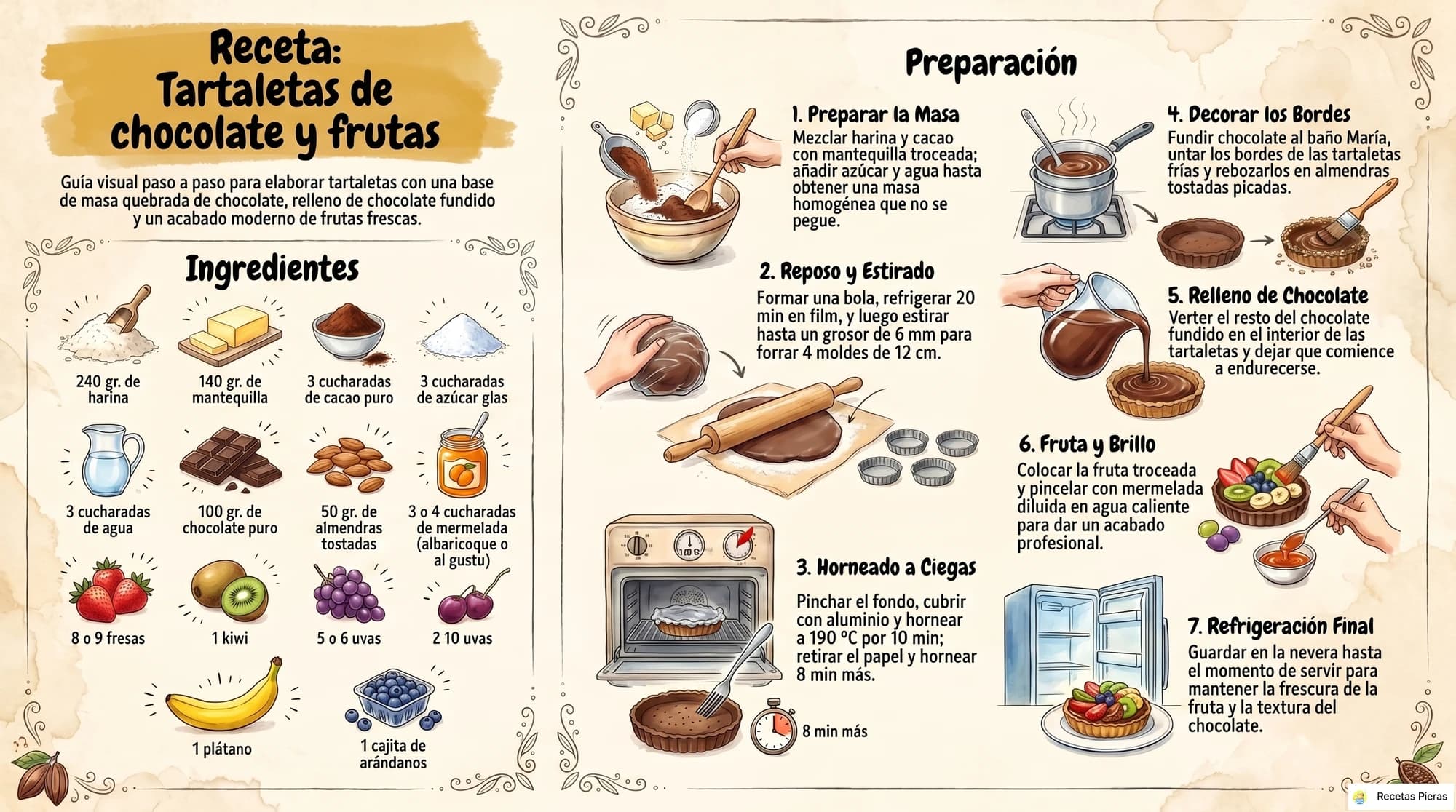 Infografía con los ingredientes y la preparación de Tartaletas de chocolate y frutas