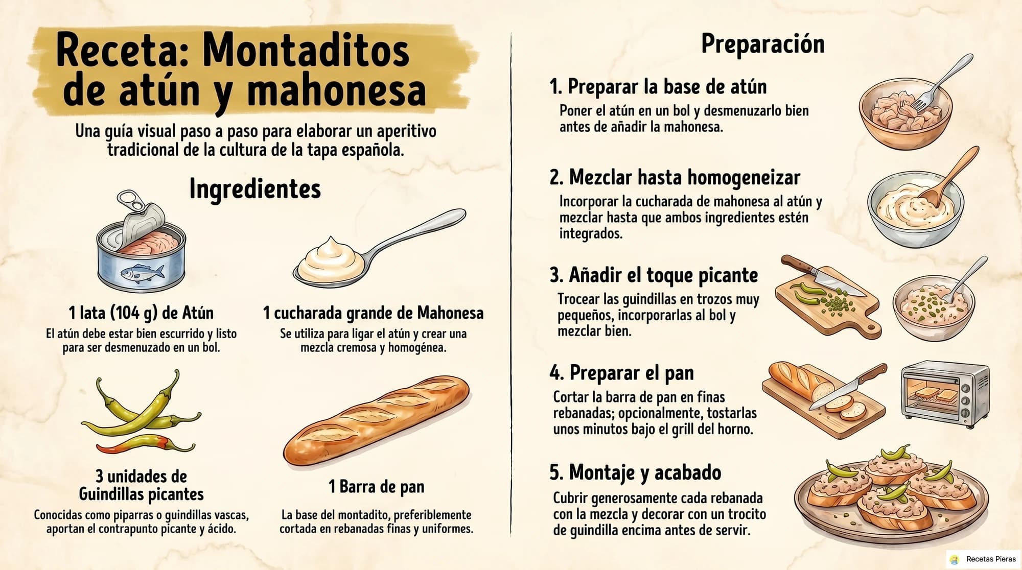 Infografía con los ingredientes y la preparación de Montaditos de atún y mahonesa