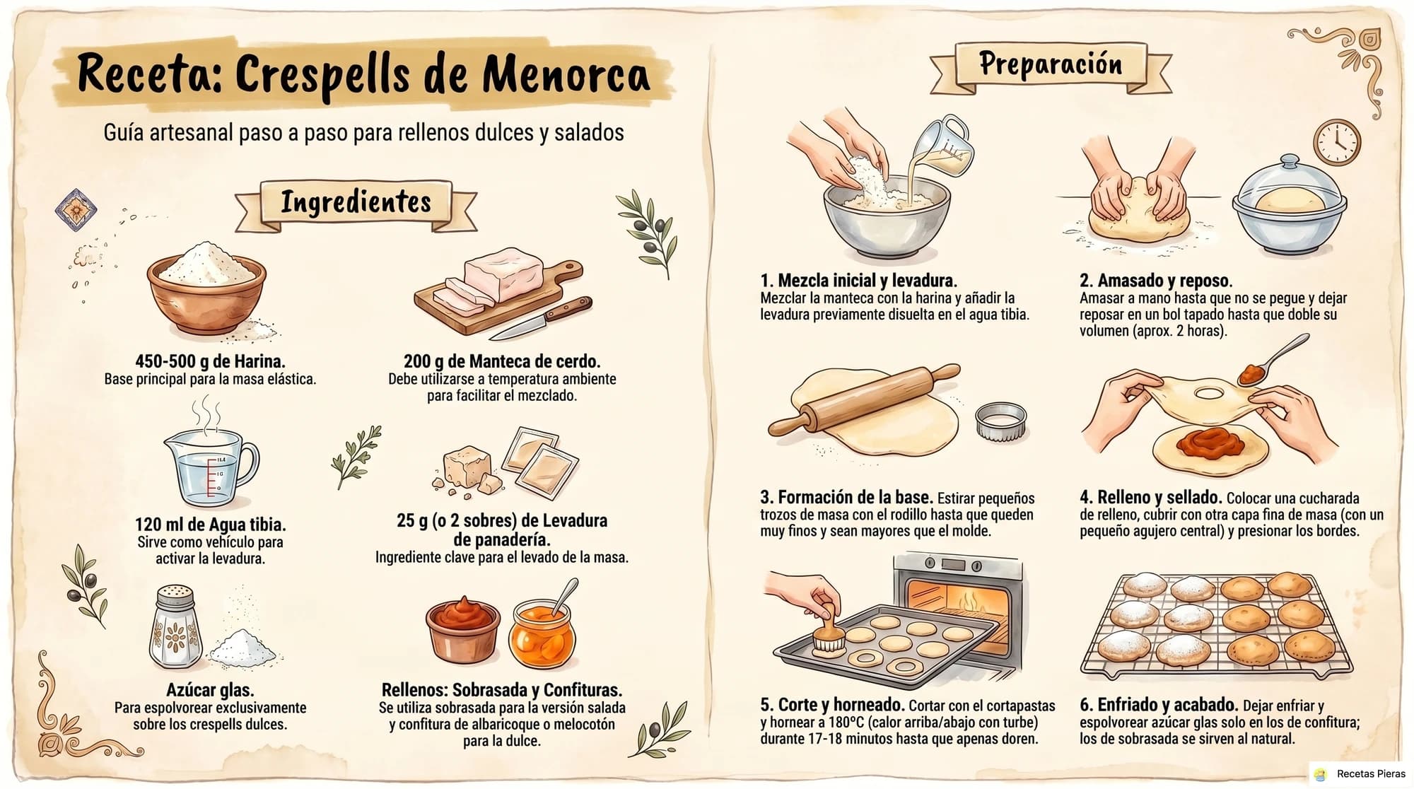 Infografía con los ingredientes y la preparación de Crespells de menorca
