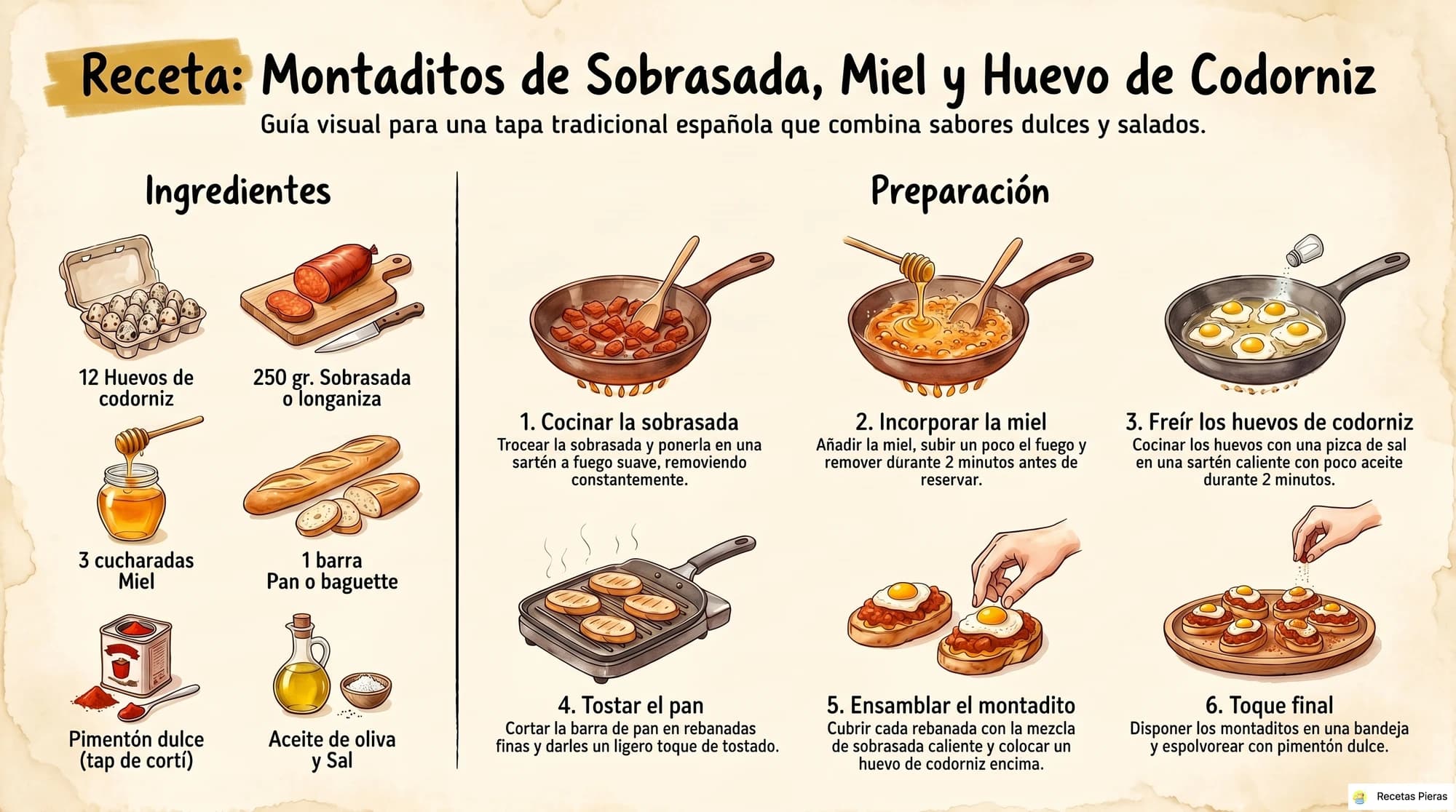 Infografía con los ingredientes y la preparación de Montaditos de sobradada, miel y huevo de codorniz