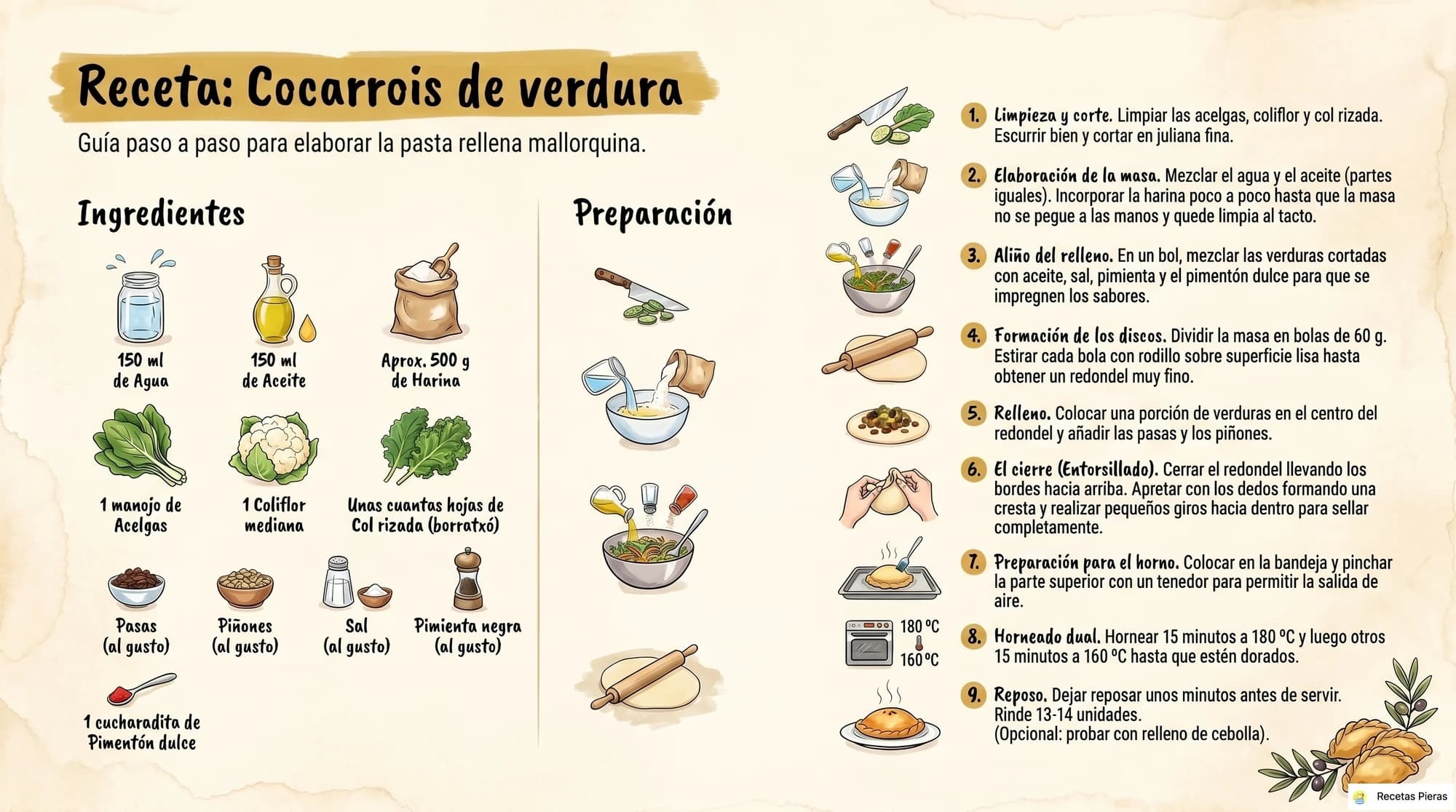 Infografía con los ingredientes y la preparación de Cocarrois de verdura