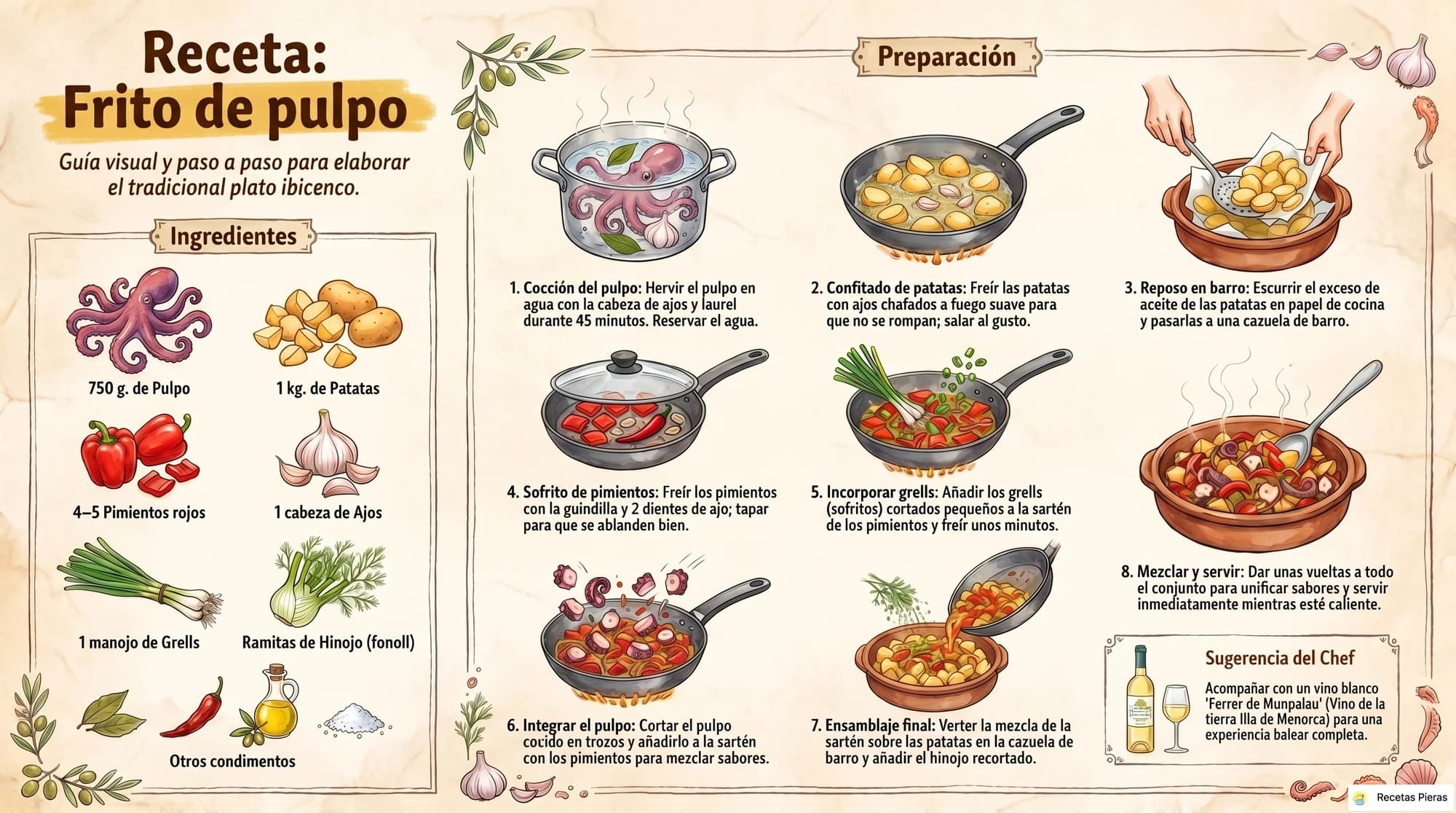 Infografía con los ingredientes y la preparación de Frito de pulpo