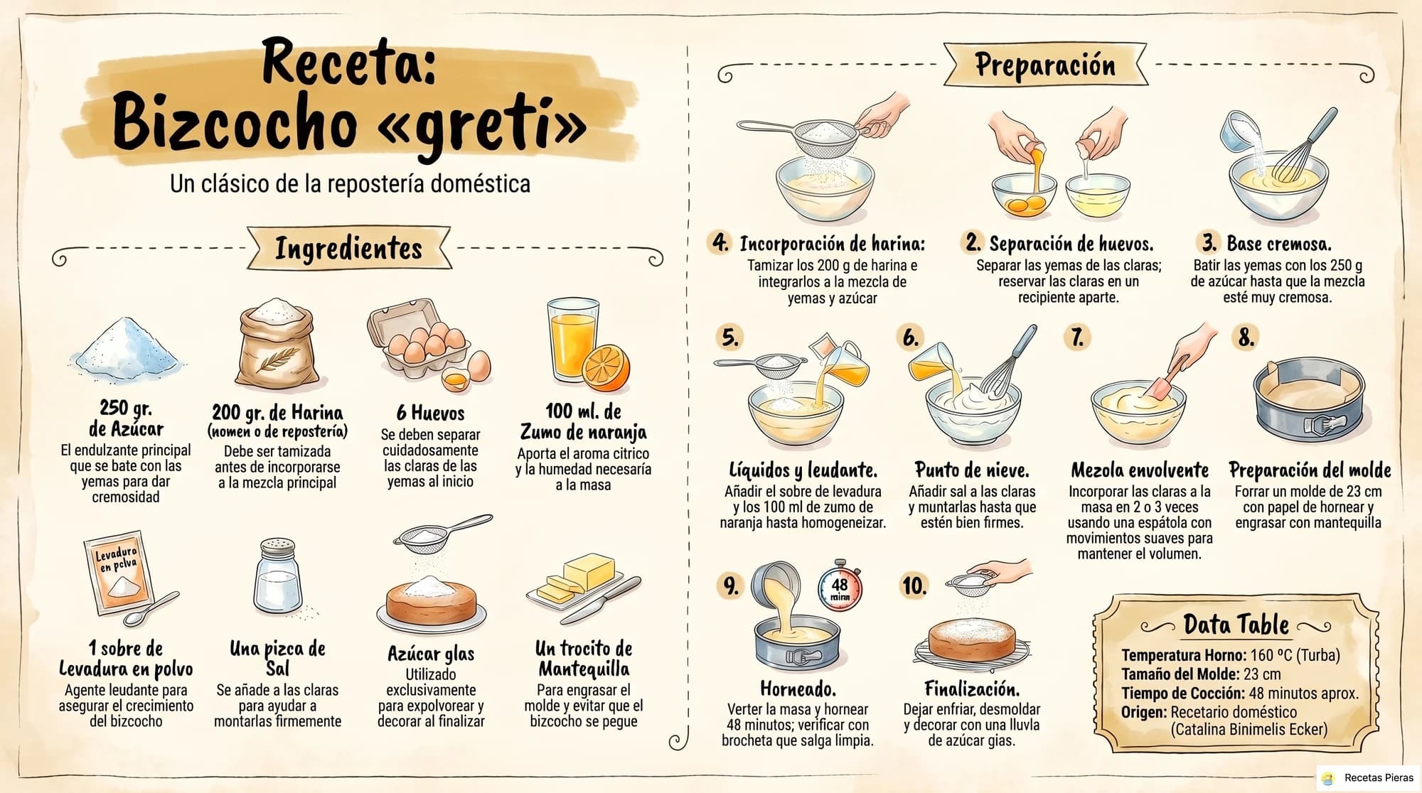 Infografía con los ingredientes y la preparación de Bizcocho «greti»