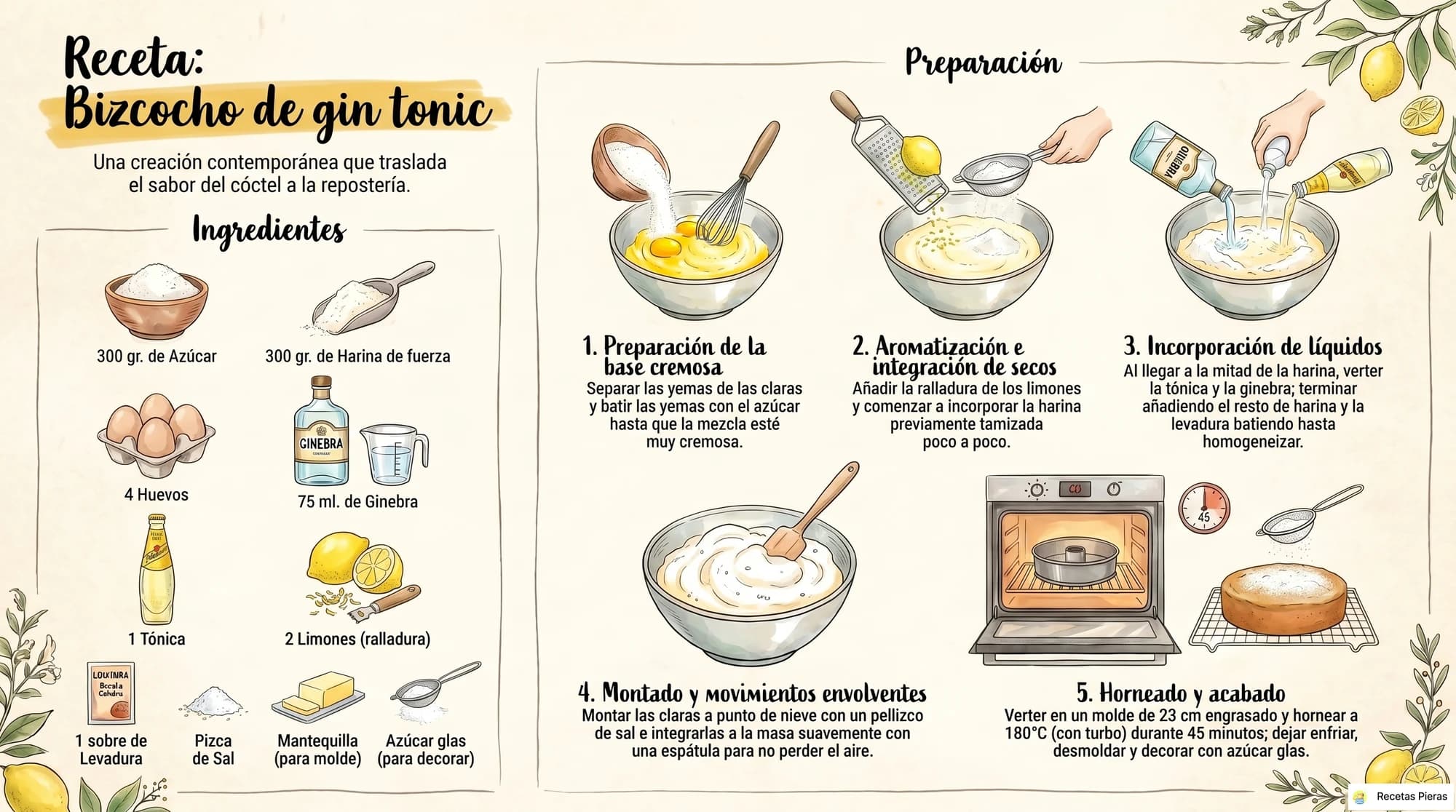 Infografía con los ingredientes y la preparación de Bizcocho de gin tonic