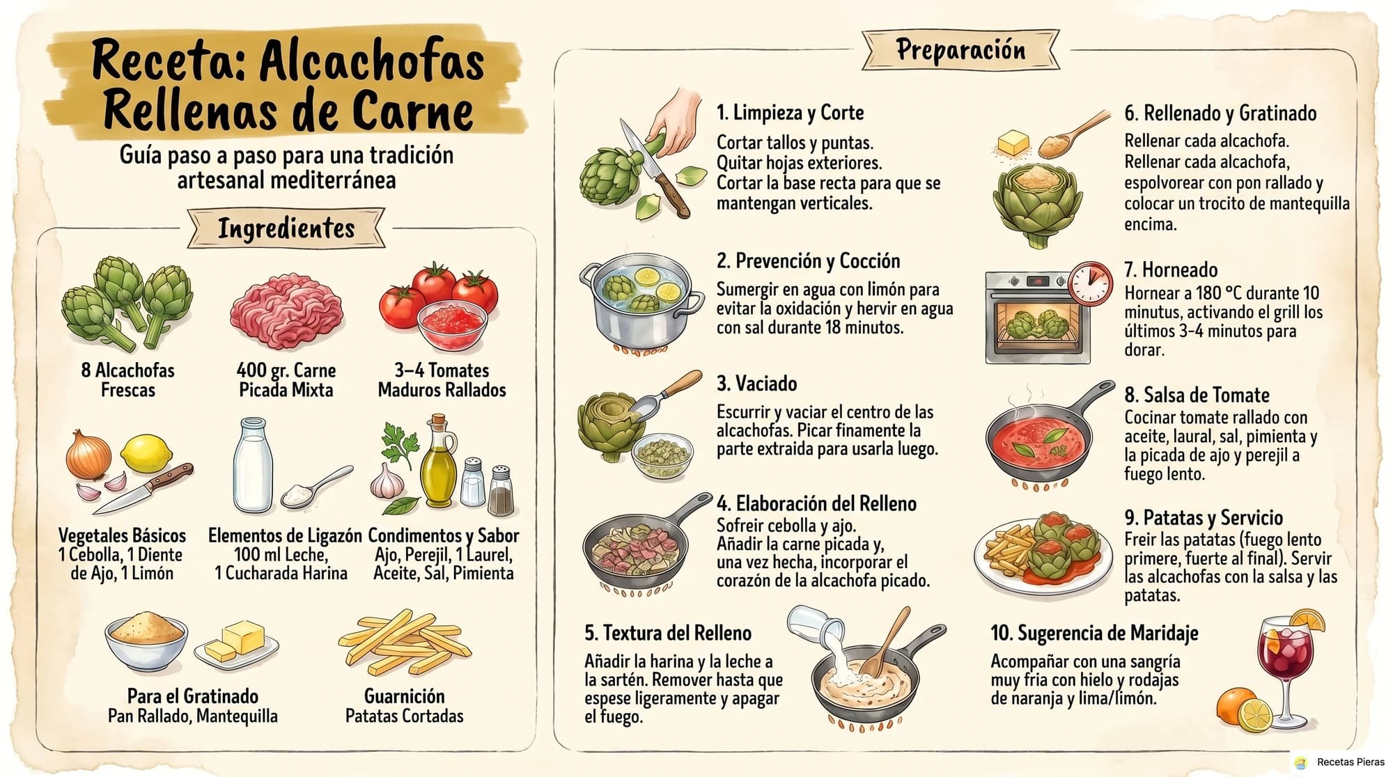 Infografía con los ingredientes y la preparación de Alcachofas rellenas de carne