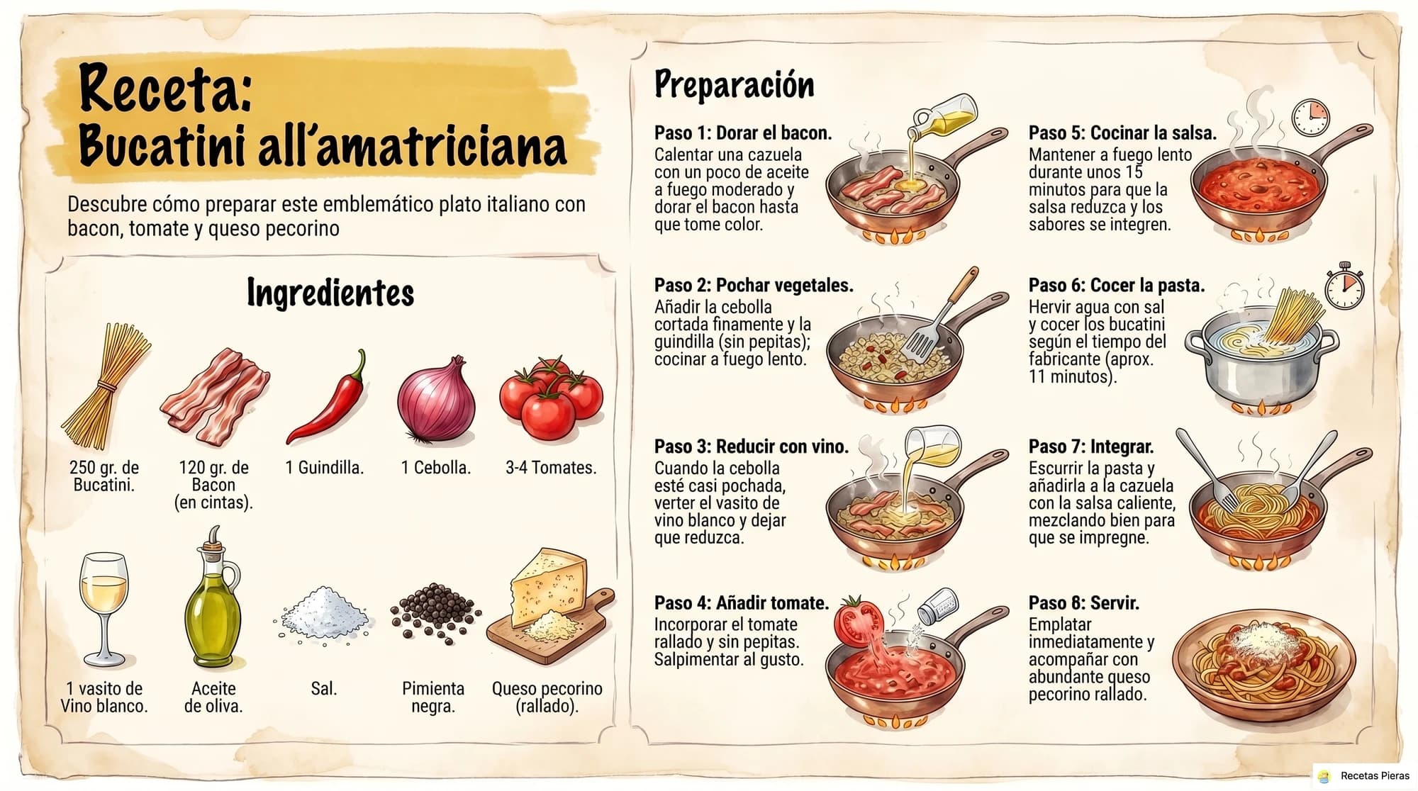 Infografía con los ingredientes y la preparación de Bucatini all’amatriciana