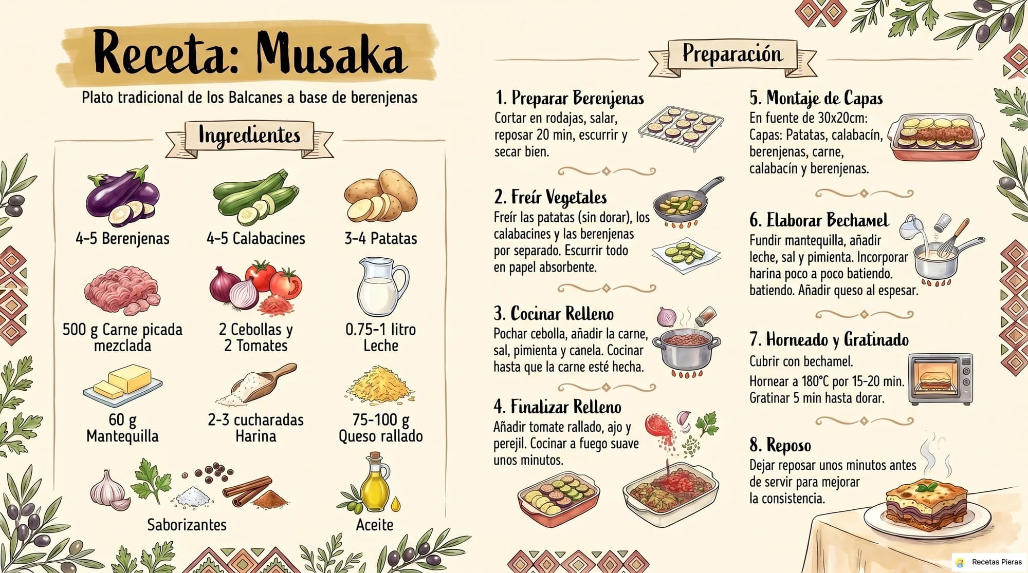 Infografía con los ingredientes y la preparación de Musaka