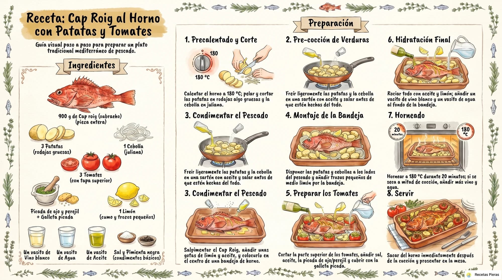 Infografía con los ingredientes y la preparación de Pescado al horno