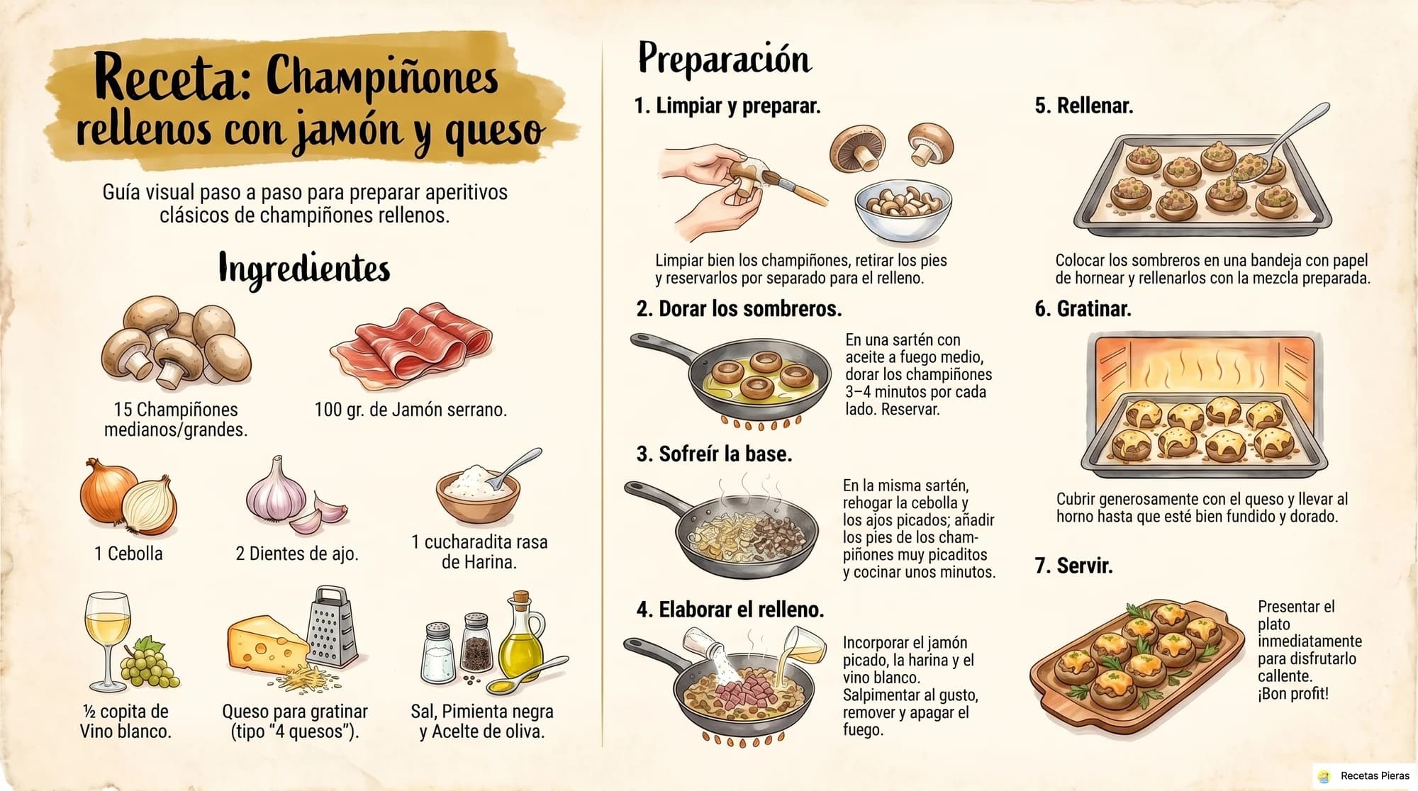 Infografía con los ingredientes y la preparación de Champiñones rellenos