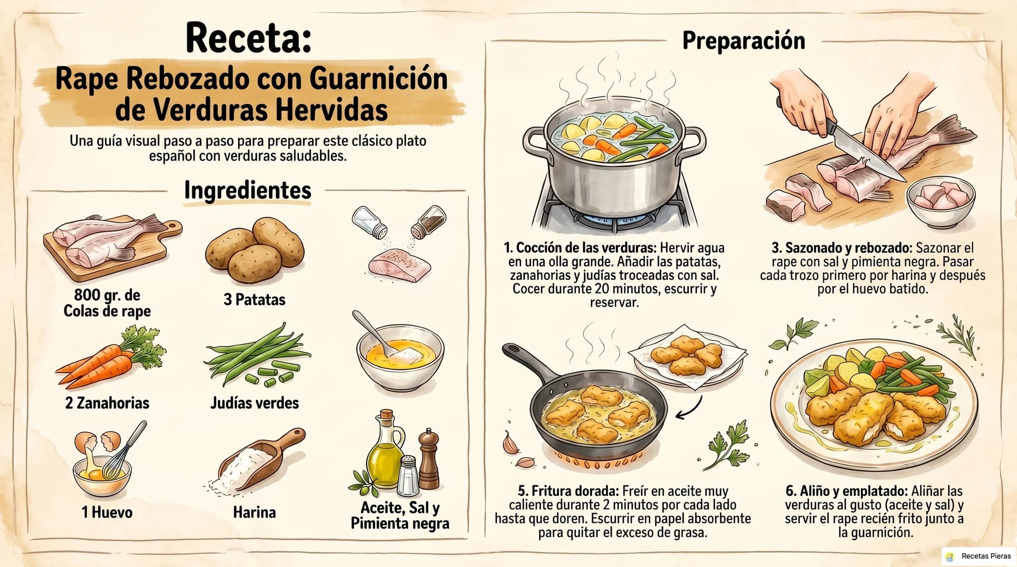 Infografía con los ingredientes y la preparación de Rape rebozado