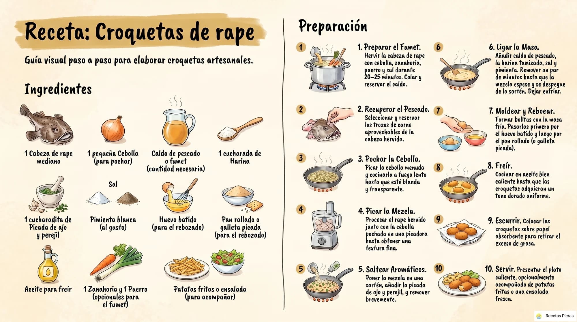 Infografía con los ingredientes y la preparación de Croquetas de rape
