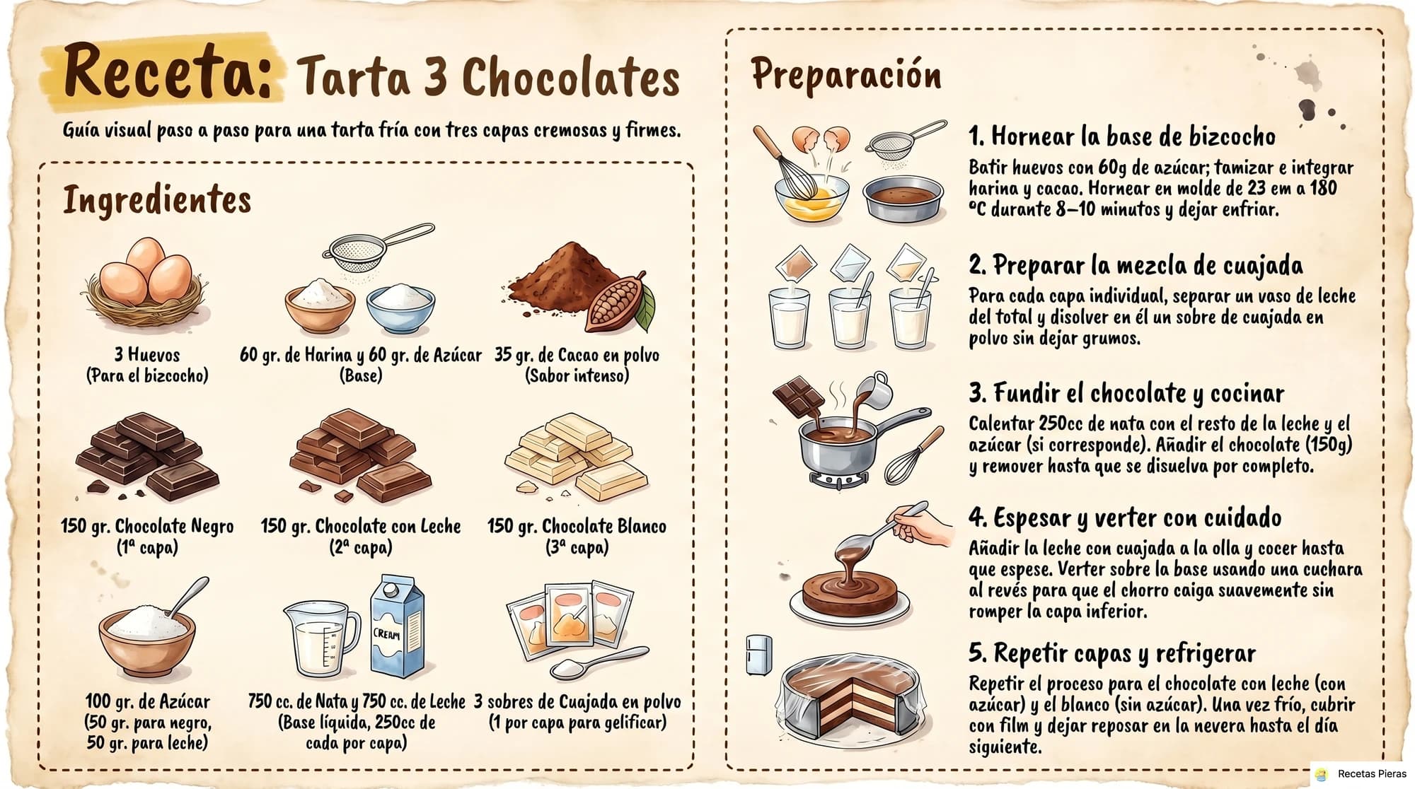 Infografía con los ingredientes y la preparación de Tarta 3 chocolates