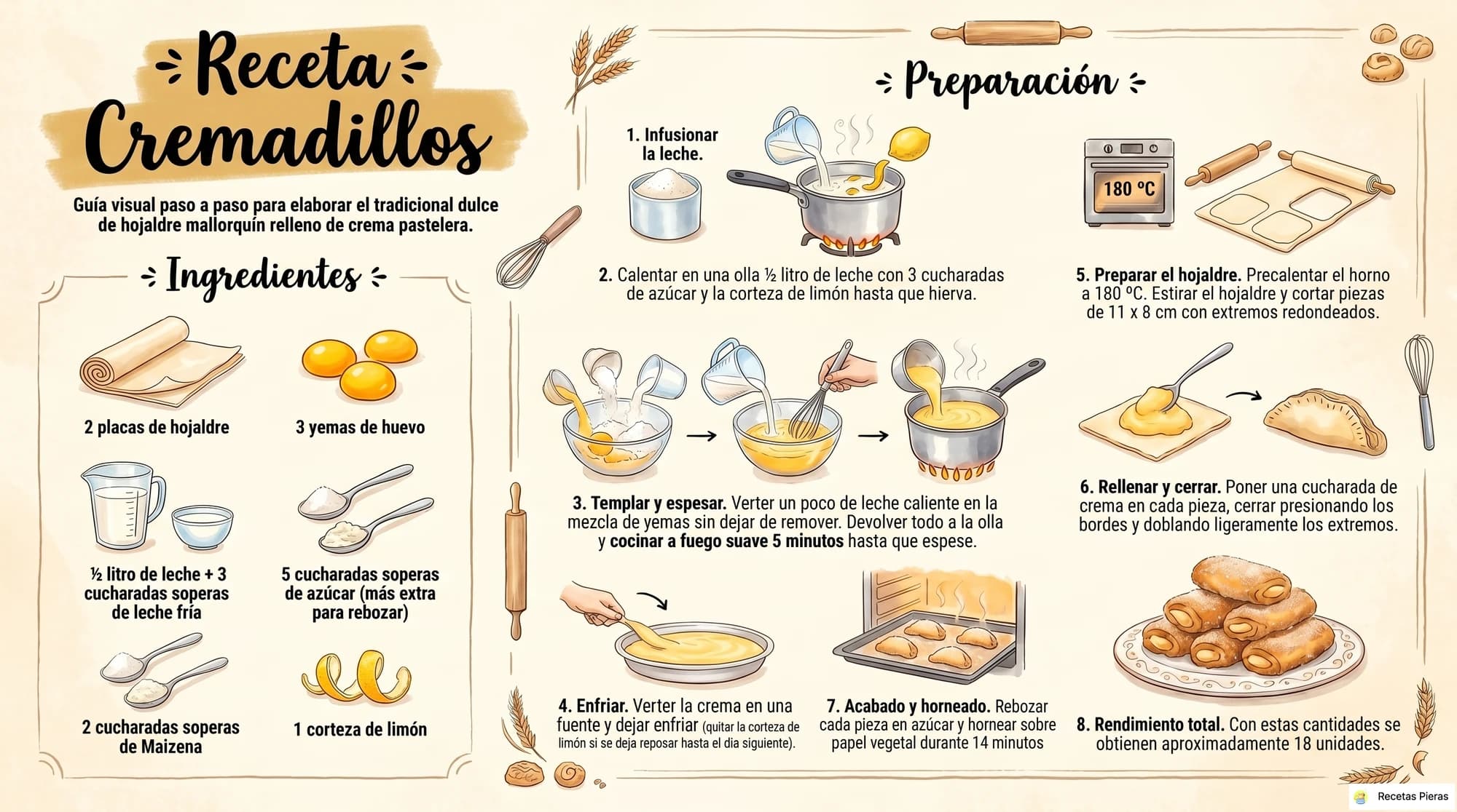 Infografía con los ingredientes y la preparación de Cremadillos