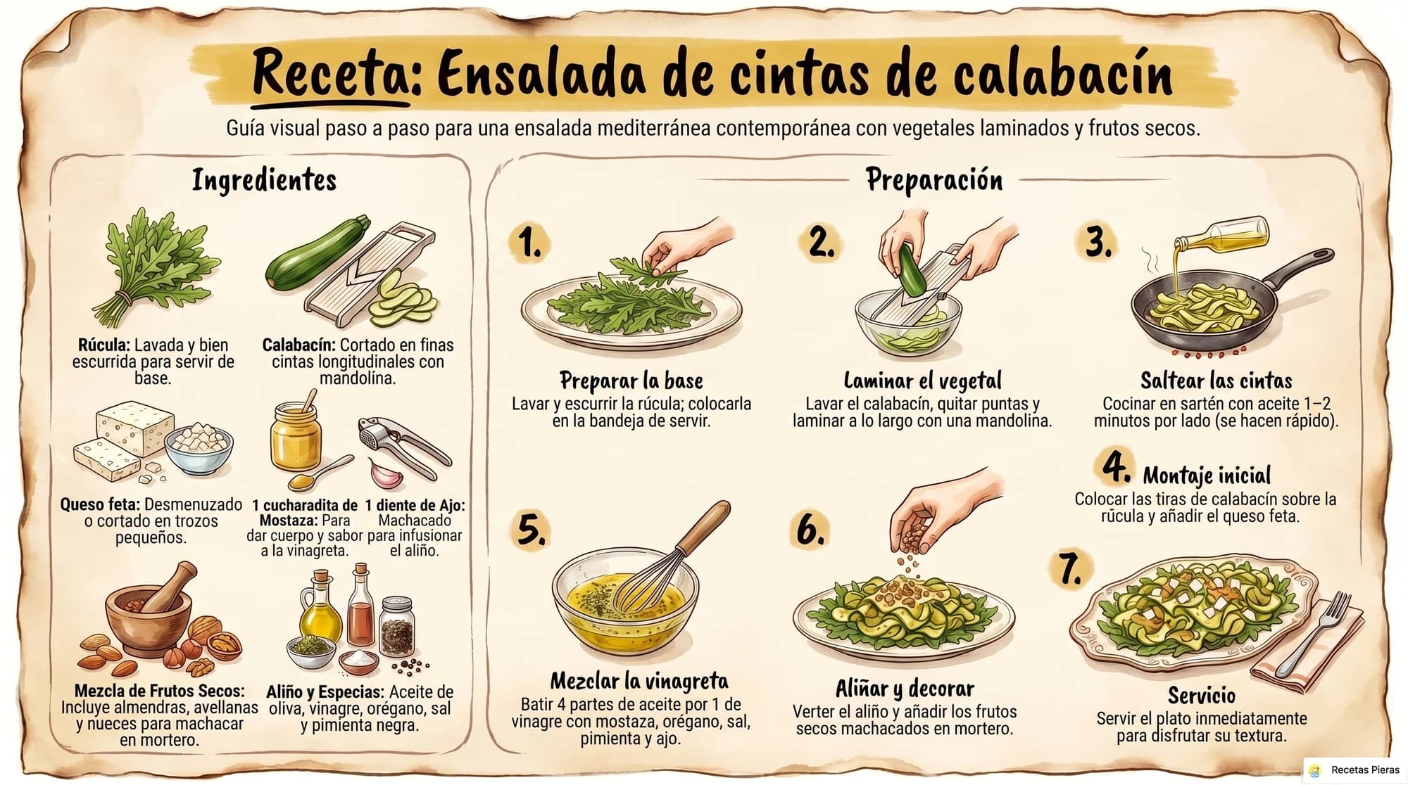 Infografía con los ingredientes y la preparación de Ensalada de cintas de calabacín