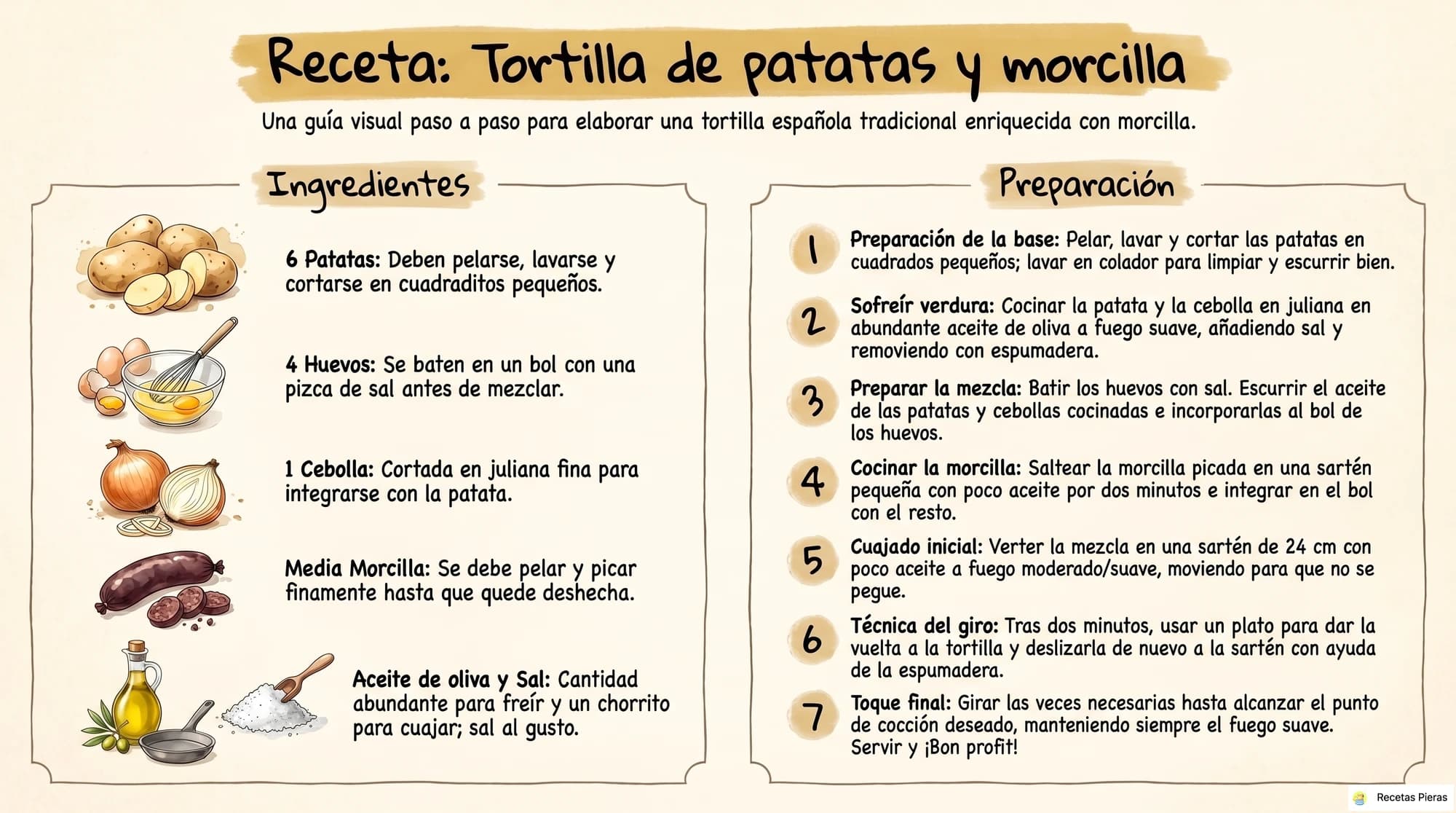 Infografía con los ingredientes y la preparación de Tortilla de patatas y morcilla