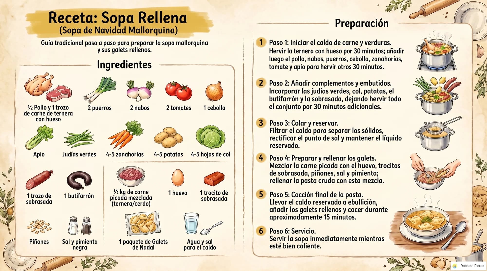 Infografía con los ingredientes y la preparación de Sopa rellena