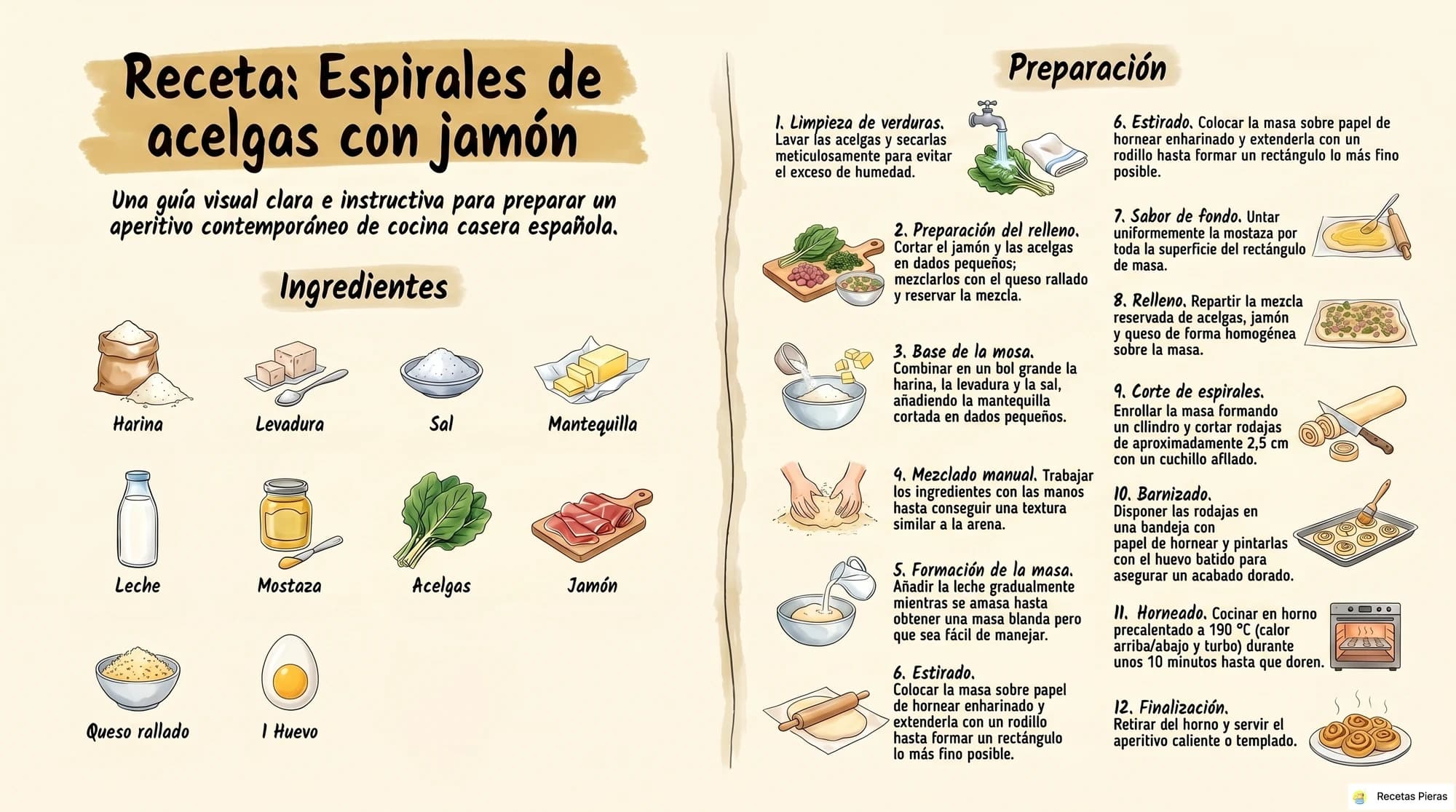 Infografía con los ingredientes y la preparación de Espirales de acelgas con jamón