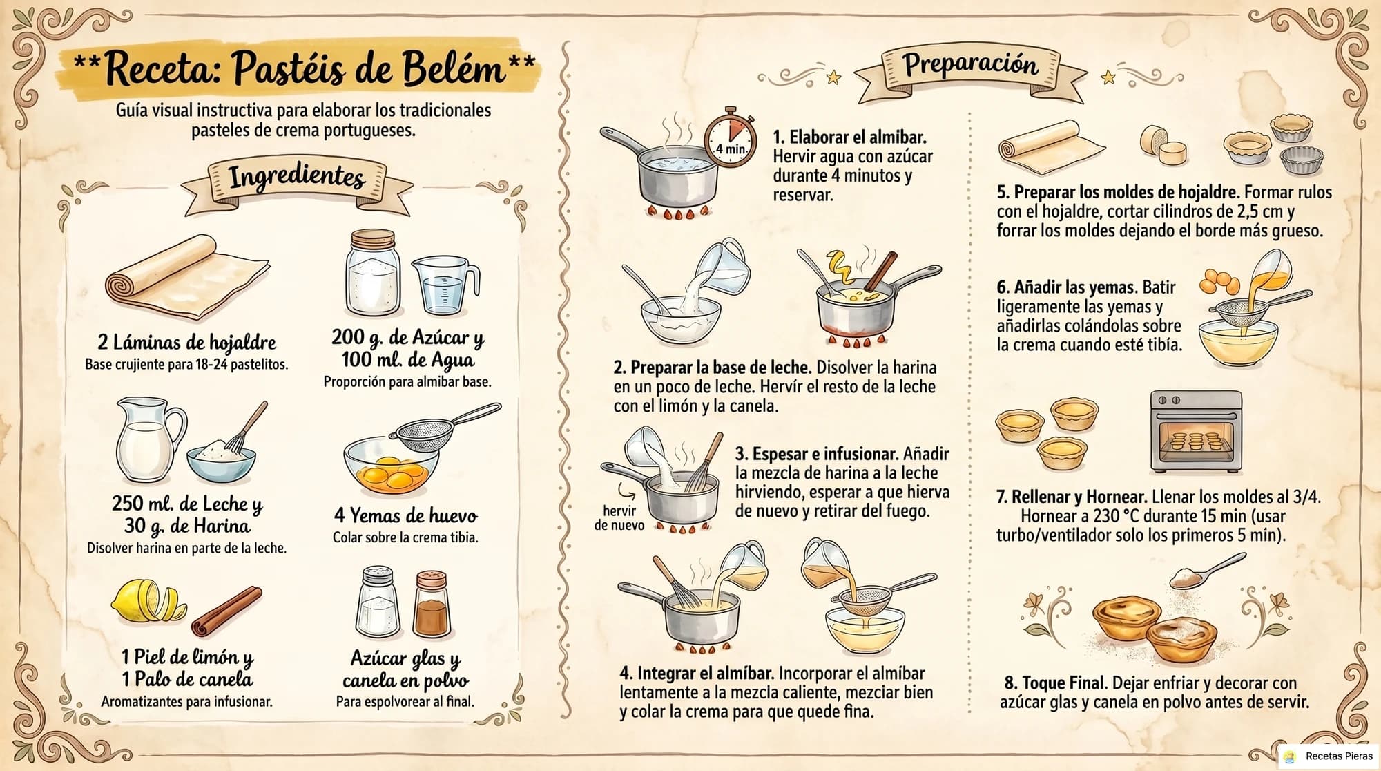 Infografía con los ingredientes y la preparación de Pastéis de belém