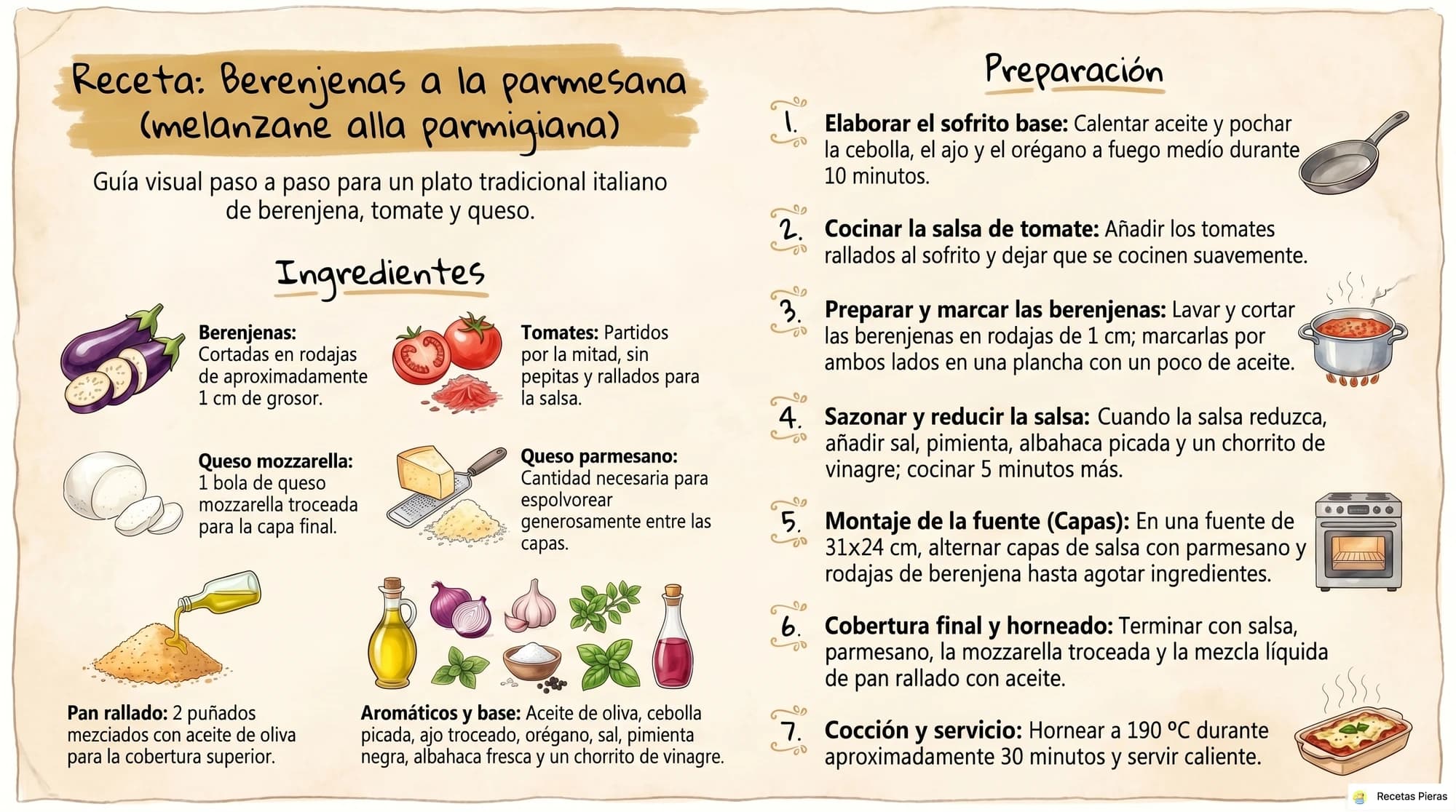 Infografía con los ingredientes y la preparación de Berenjenas a la parmesana (melanzane alla parmigiana)