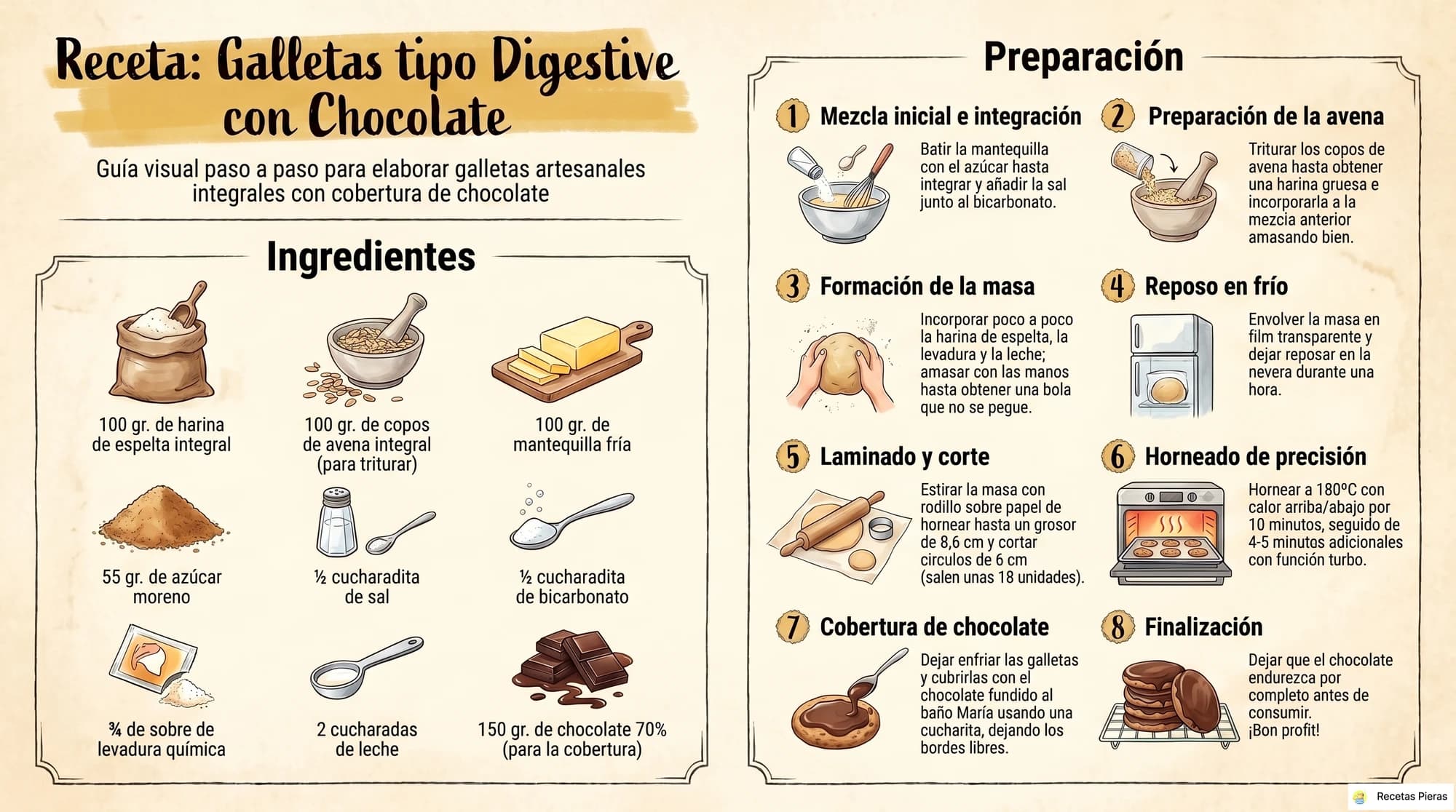 Infografía con los ingredientes y la preparación de Galletas tipo Digestive con Chocolate