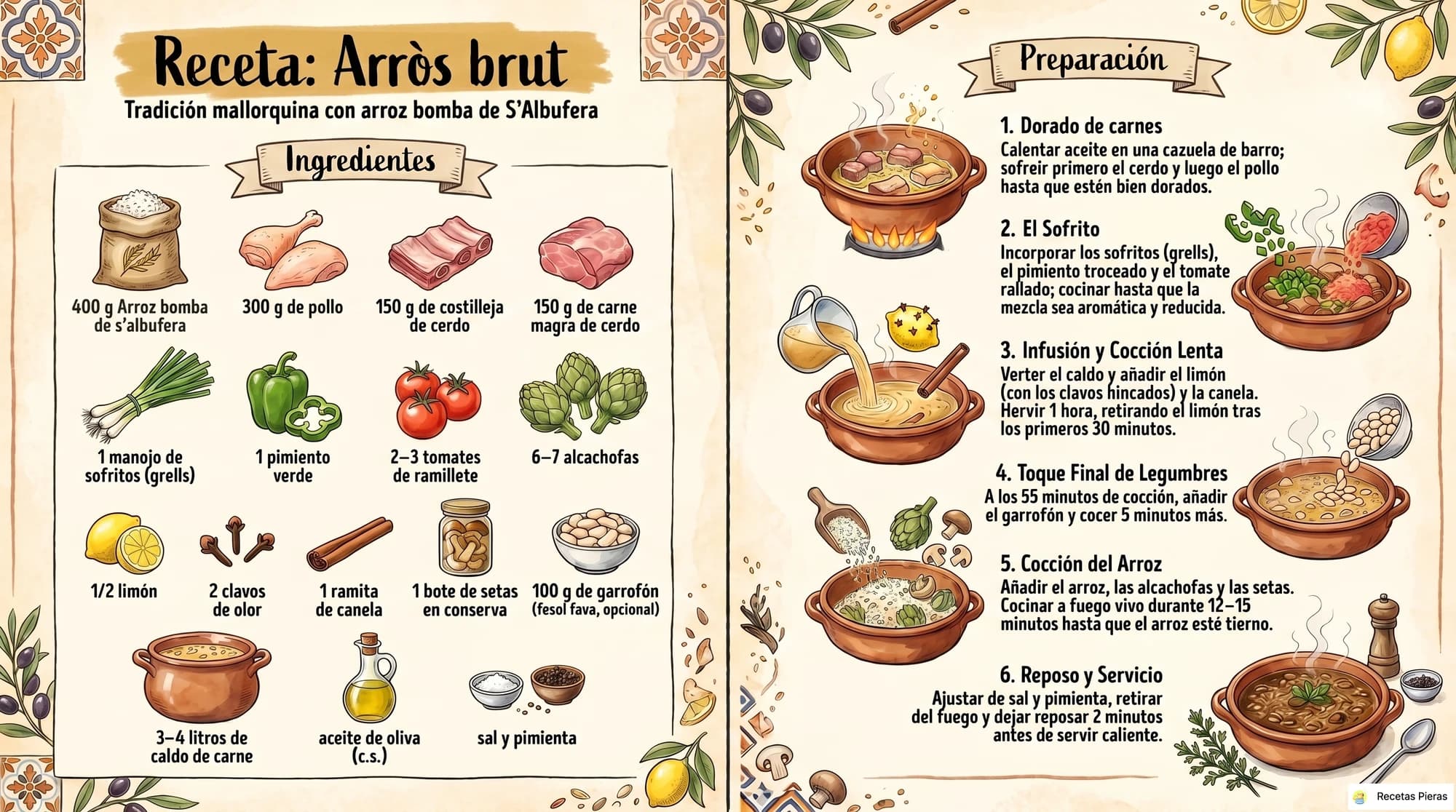 Infografía con los ingredientes y la preparación de Arròs brut (ii)