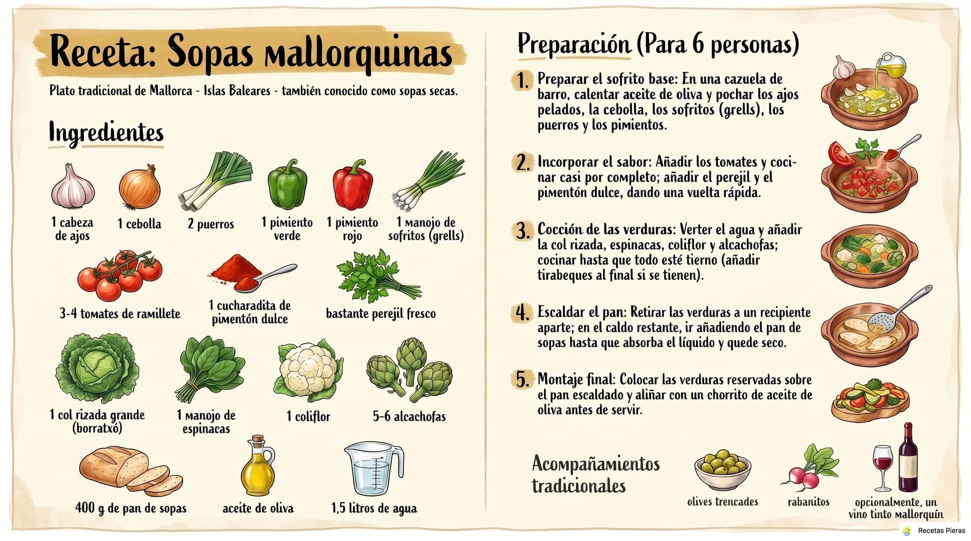 Infografía con los ingredientes y la preparación de Sopas mallorquinas