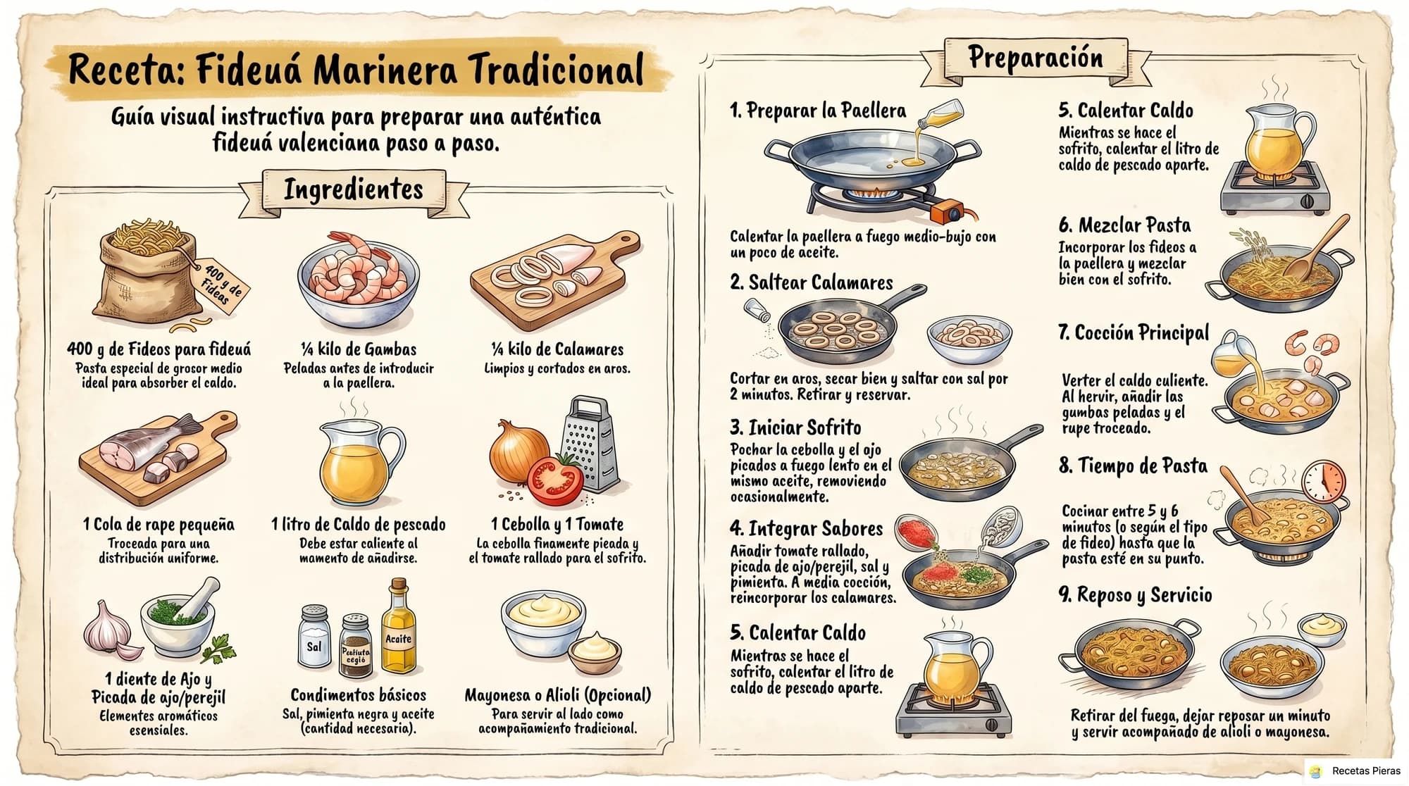 Infografía con los ingredientes y la preparación de Fideuá