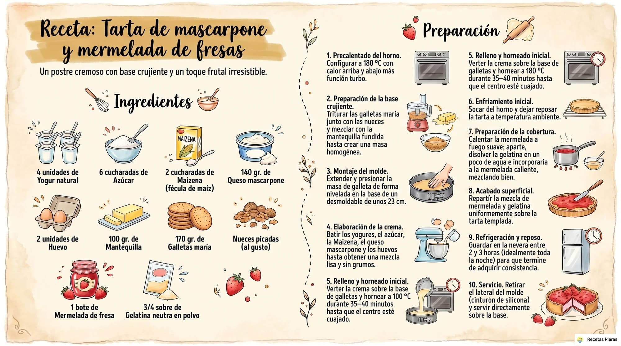 Infografía con los ingredientes y la preparación de Tarta de mascarpone y mermelada de fresas