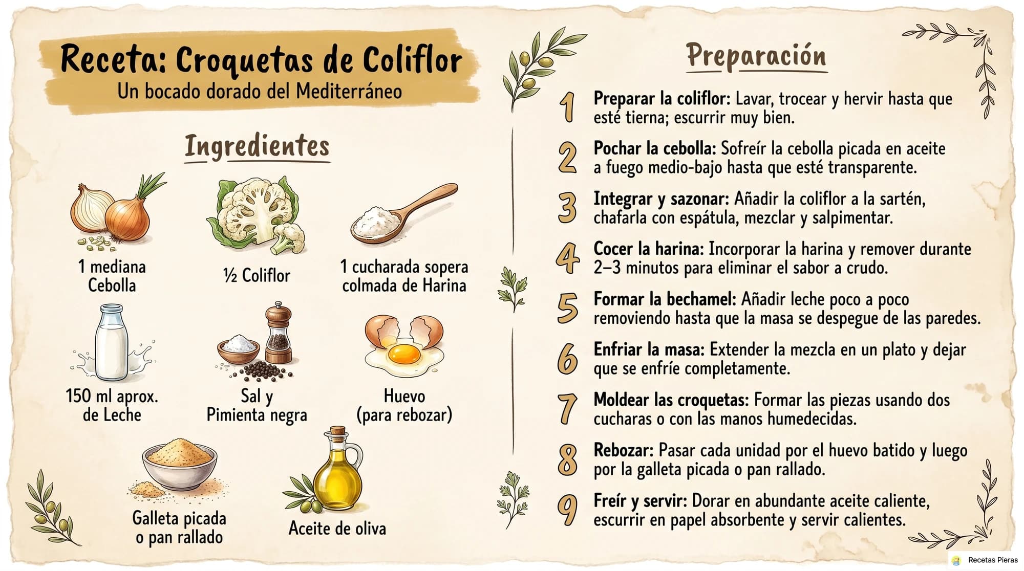 Infografía con los ingredientes y la preparación de Croquetas de coliflor